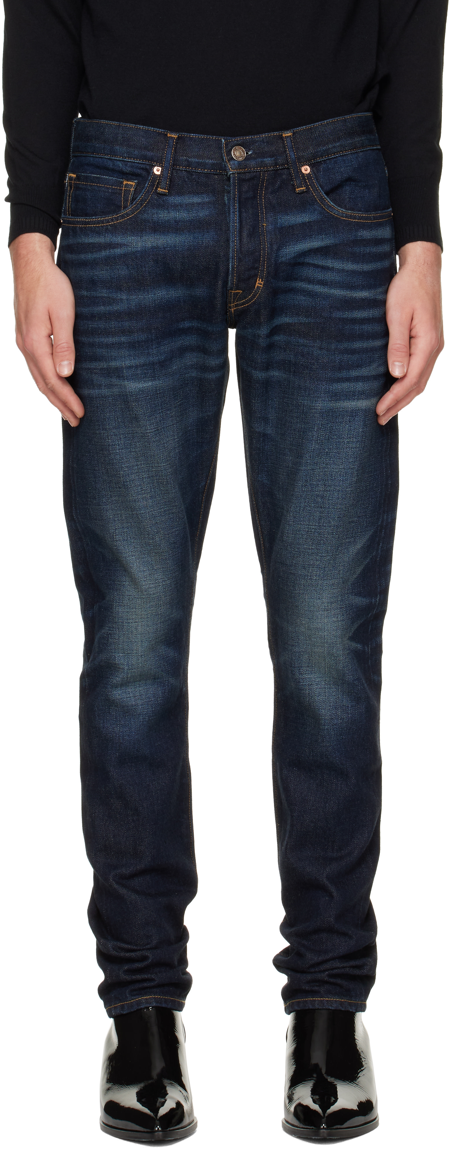 TOM FORD - Jean ajusté bleu à lisière