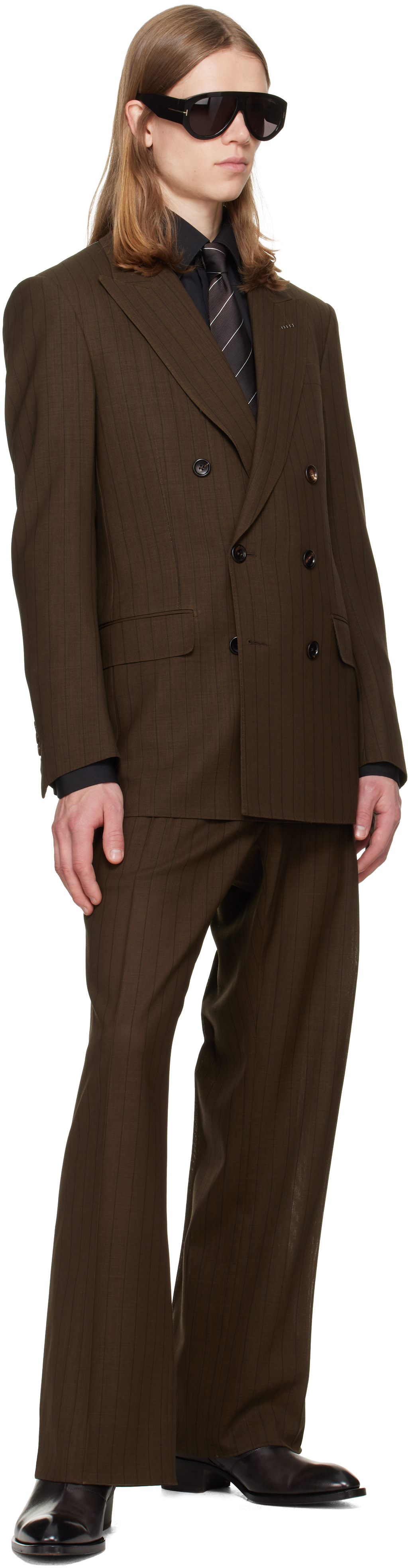 TOM FORD - Pantalon ample léger brun à rayures
