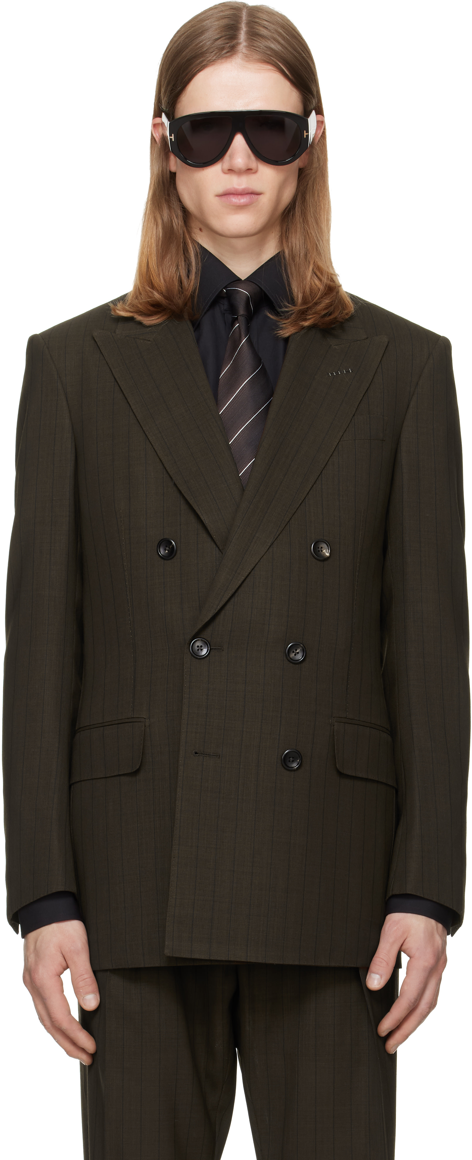 【希少】TOM FORD テーラードレザージャケット ブラウン 48サイズ TOM FORD: ブラウン Light Fresco ストライプ テーラードジャケット