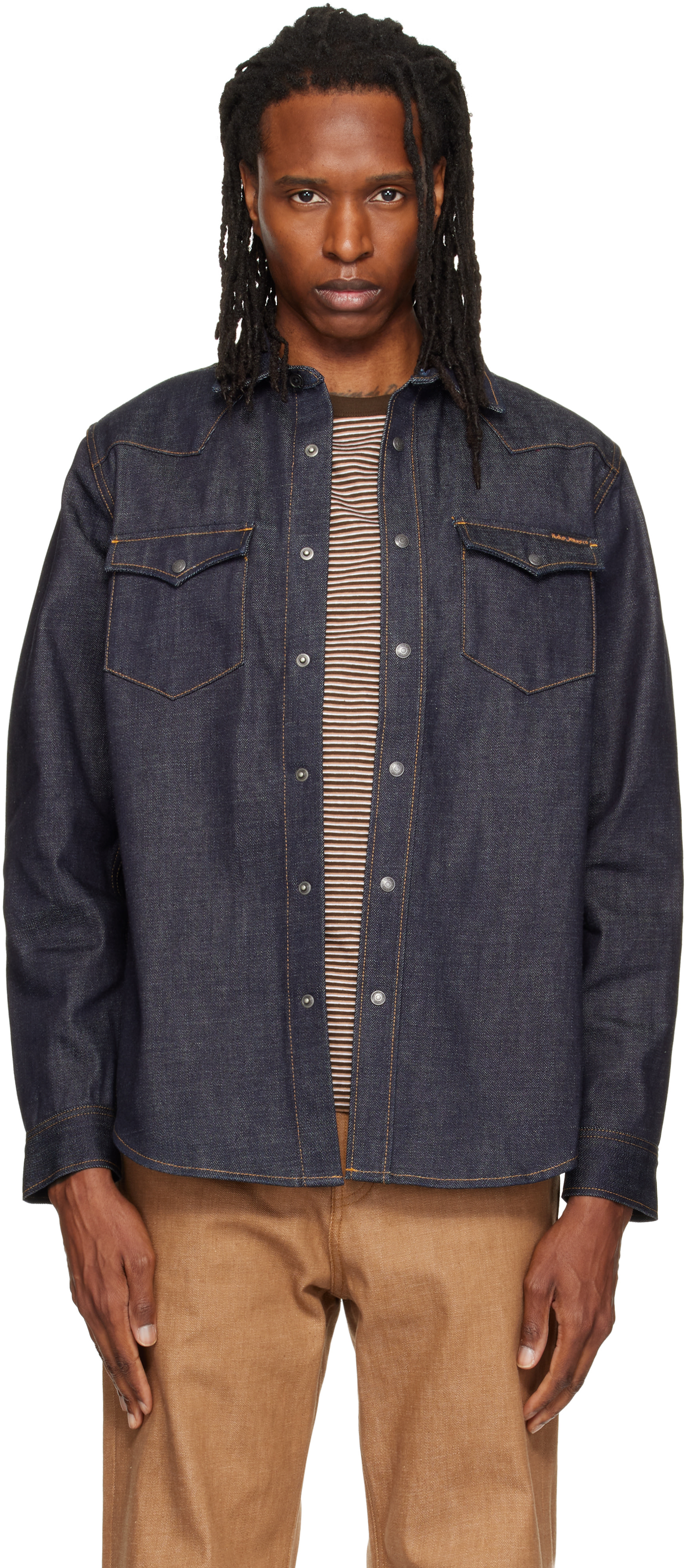 Nudie Jeans: ネイビー George Ace セルビッジデニム シャツ | SSENSE 日本