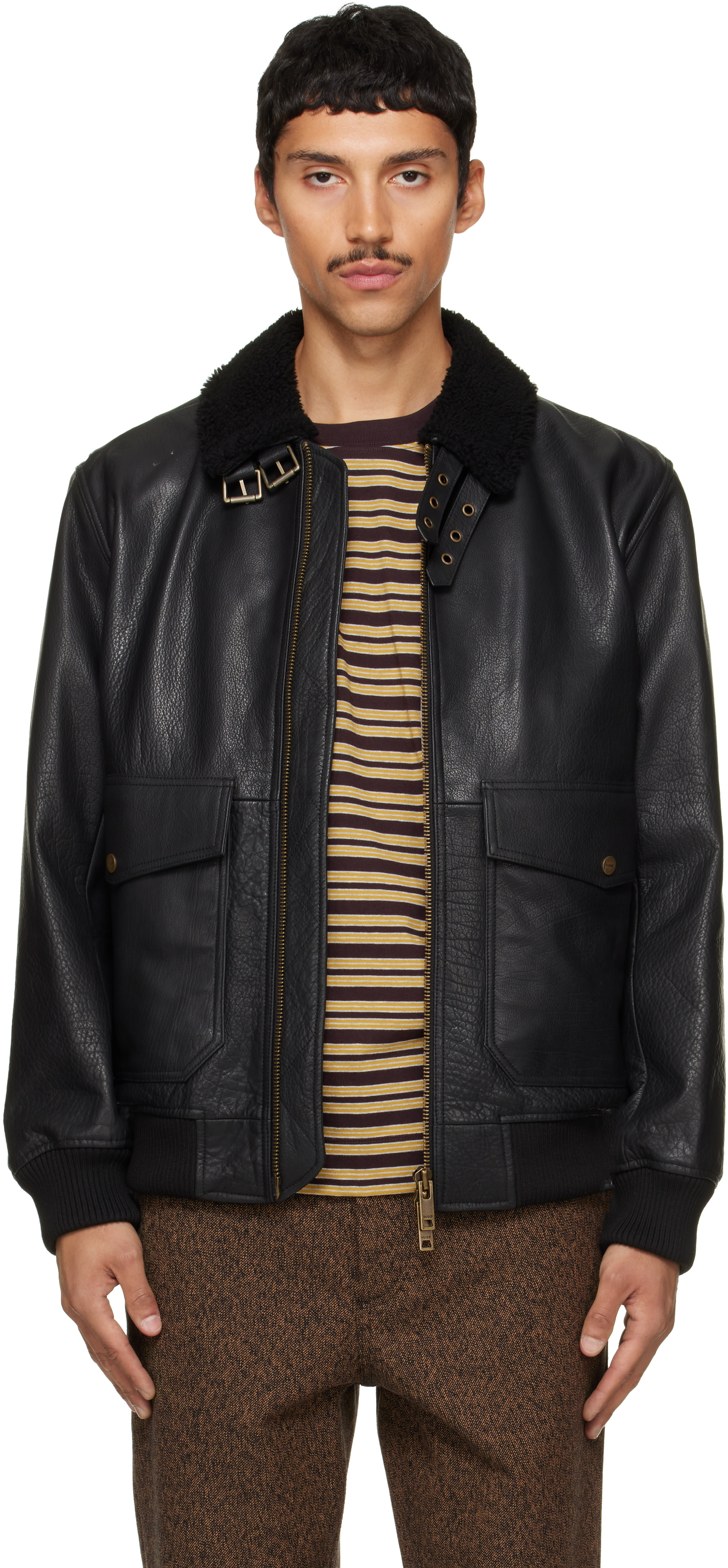 Hugo - Black Leather Aviator Jacket
