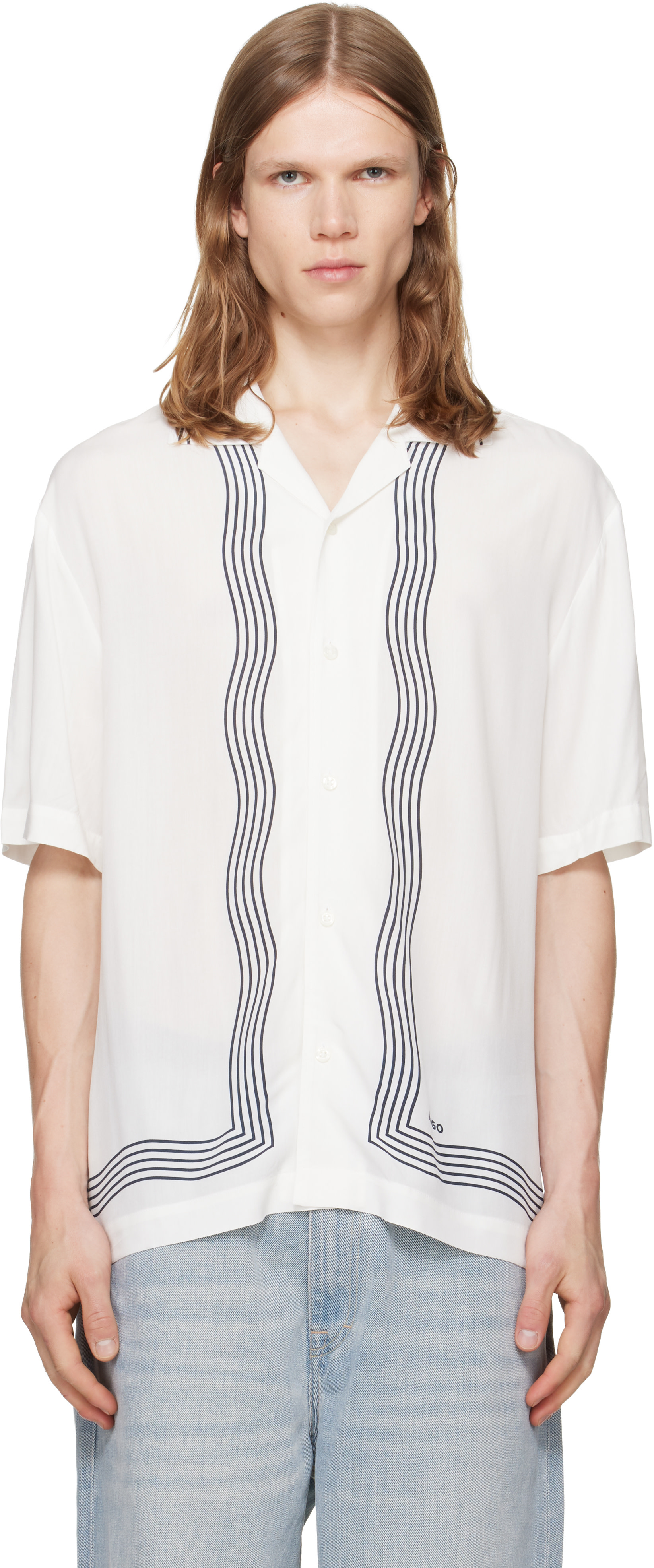 Hugo - White Camp Collar Oversized-Fit Printed Shirt
