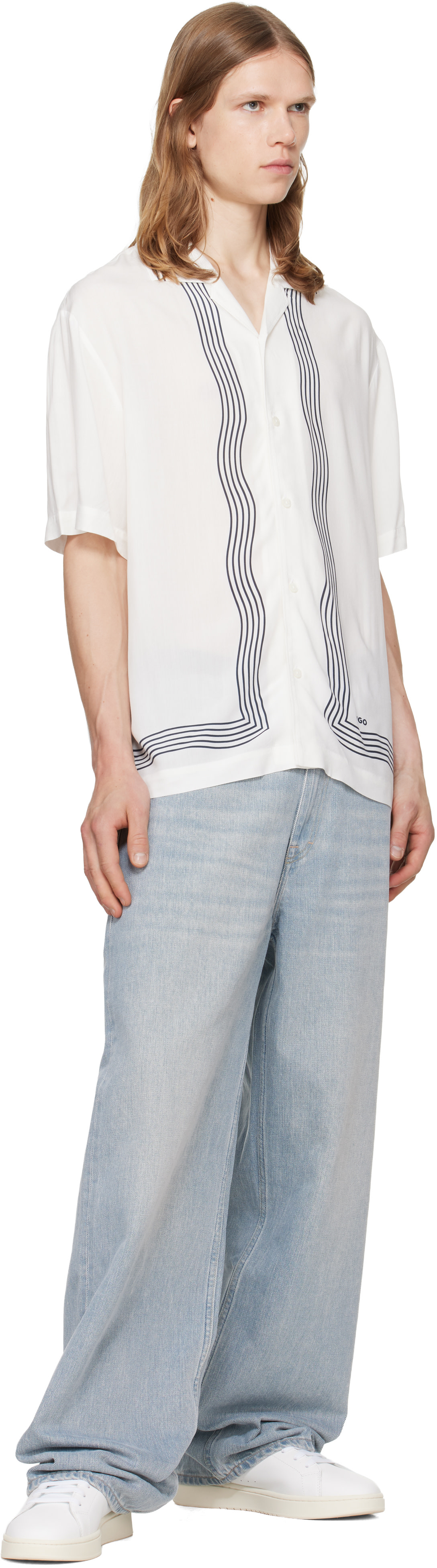 Hugo - White Camp Collar Oversized-Fit Printed Shirt