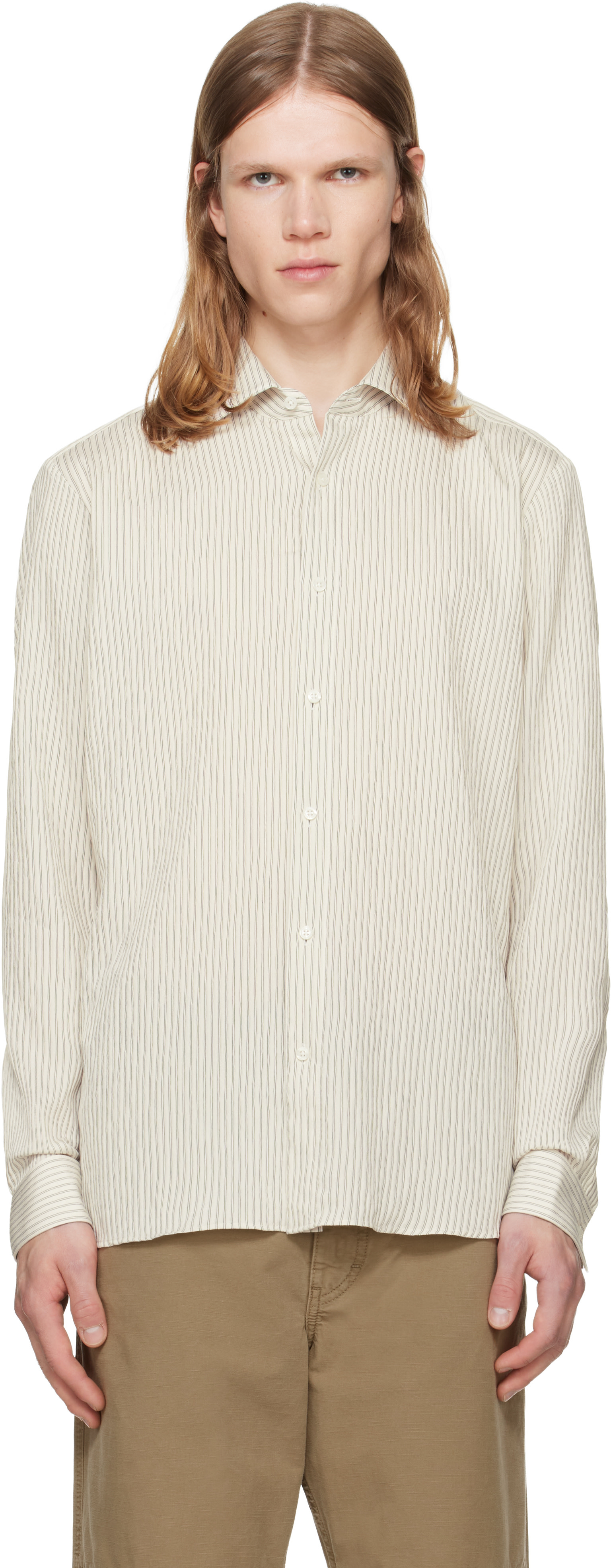 Hugo - Beige Striped Seersucker Modern-Fit Shirt