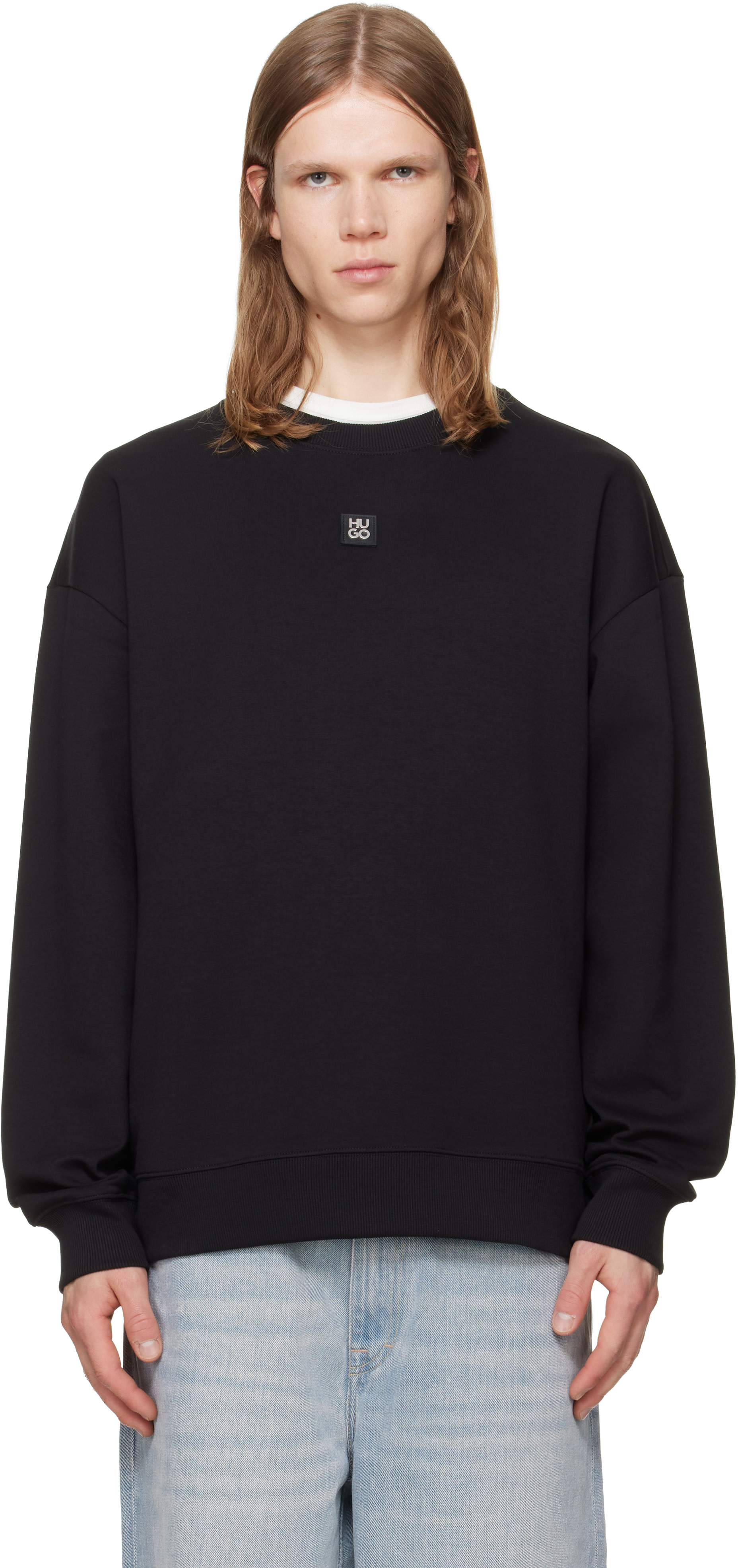 Hugo - Black Stacked-Logo Badge Cotton-Blend Sweatshirt