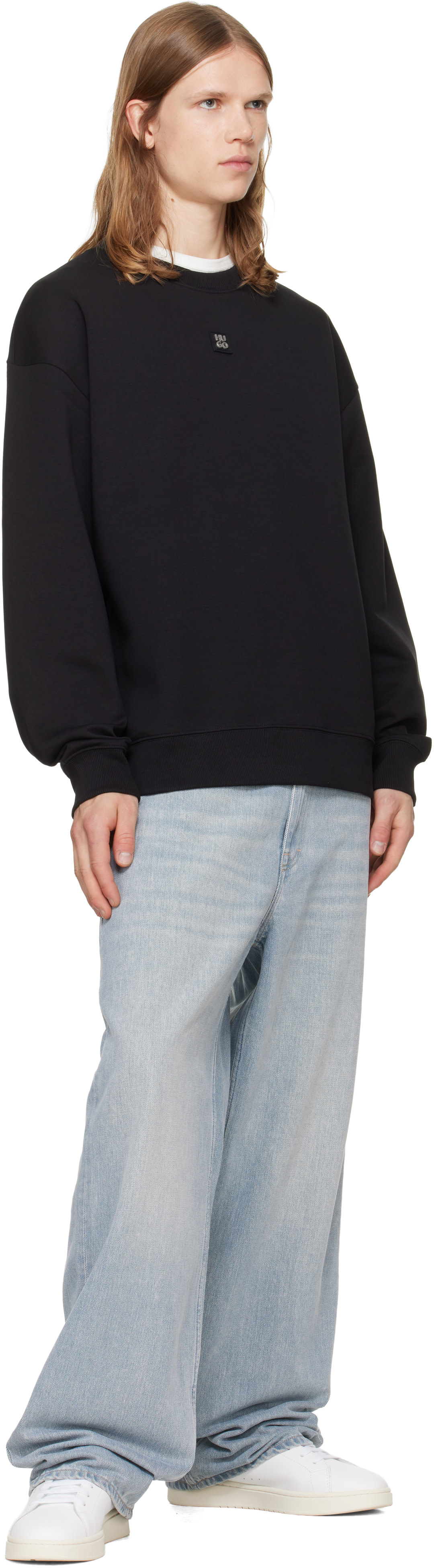 Hugo - Black Stacked-Logo Badge Cotton-Blend Sweatshirt