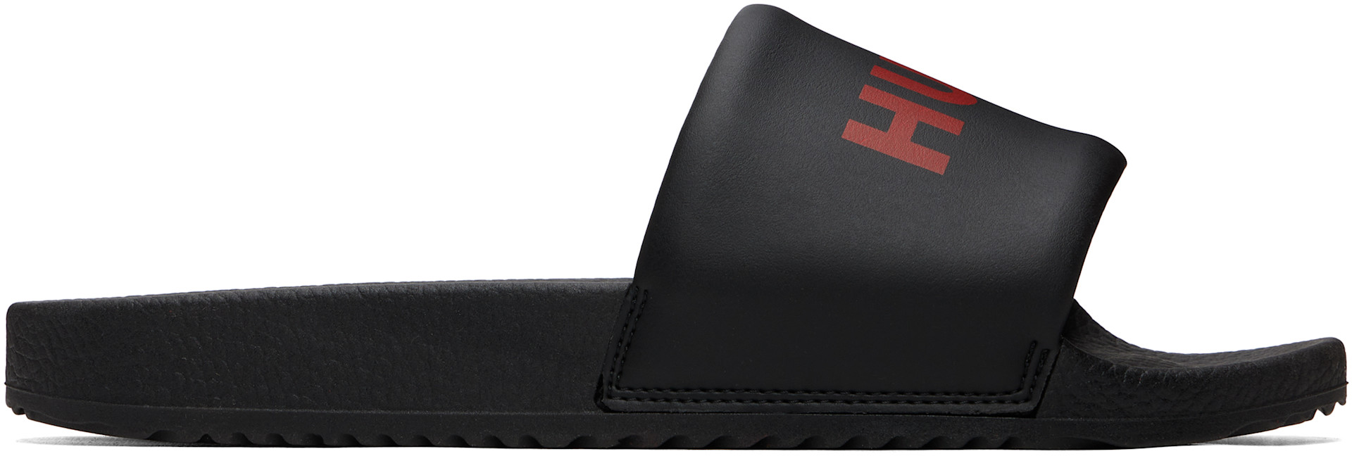 Hugo: Black Padded Strap & Contrast Logo Slide Sandals | SSENSE Canada