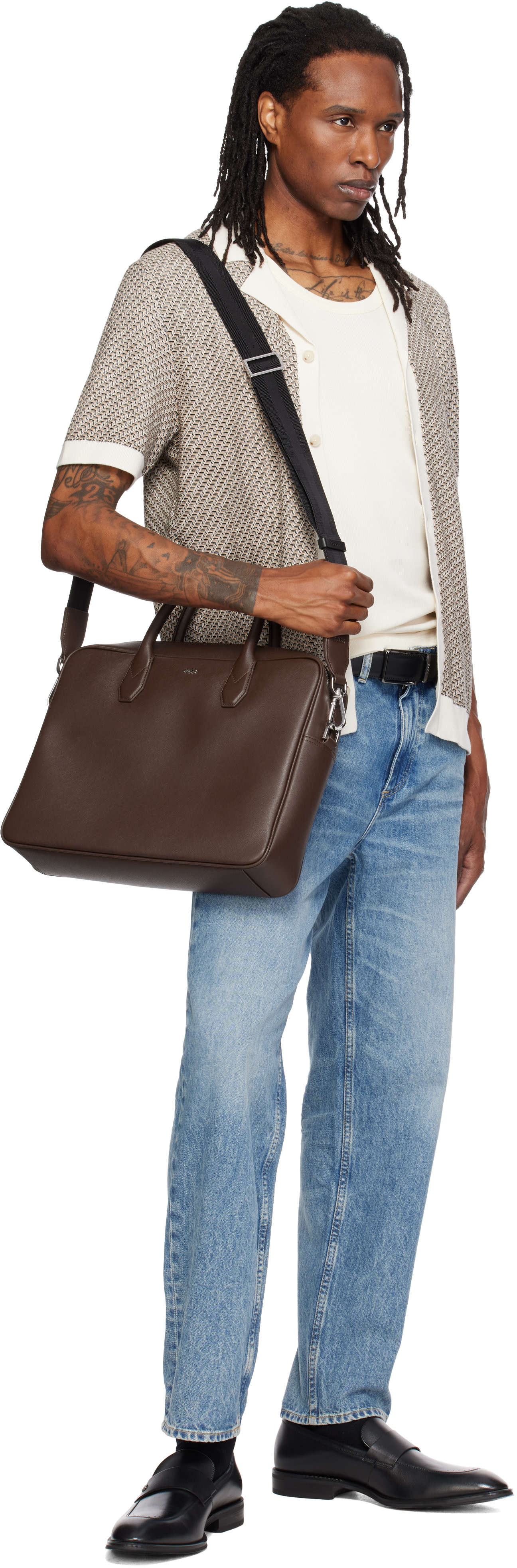 BOSS: Brown Logo Lettering Grained Briefcase | SSENSE