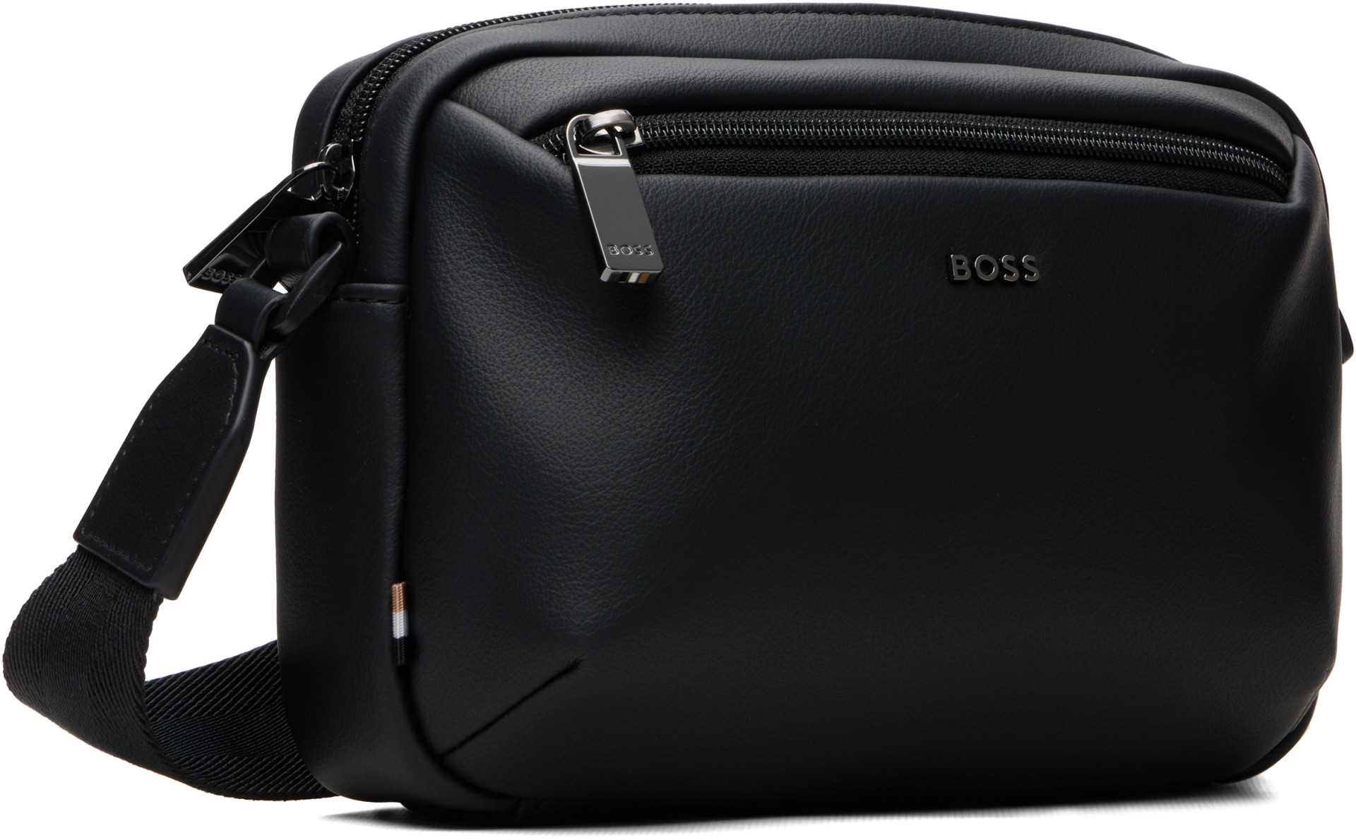 BOSS ボディバッグ ブラック レザー BOSS: ブラック フェイク グレインレザー クロスボディバッグ | SSENSE
