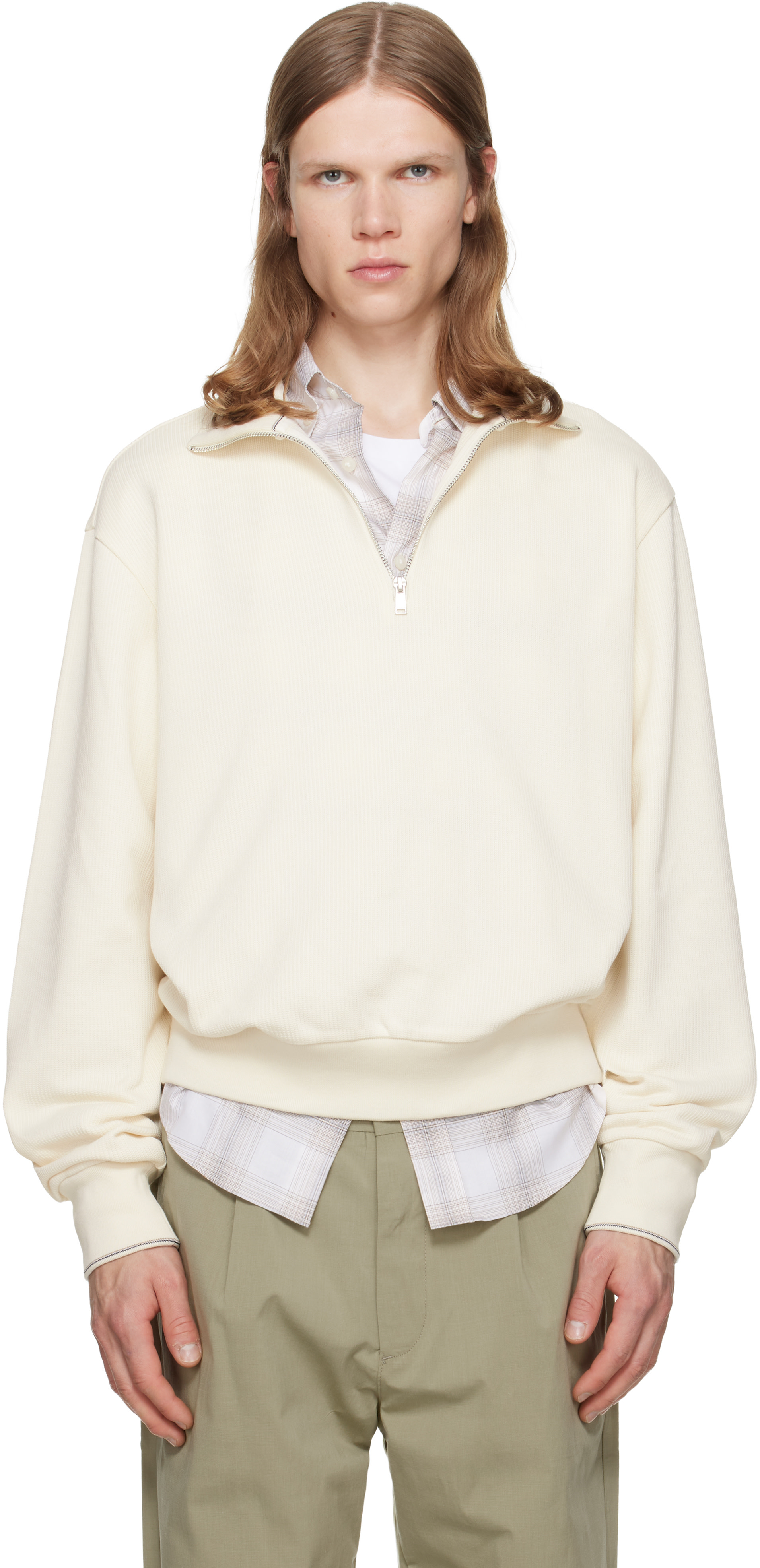 BOSS - Off-White Zipper Neck Structured Cotton Sweatshirt