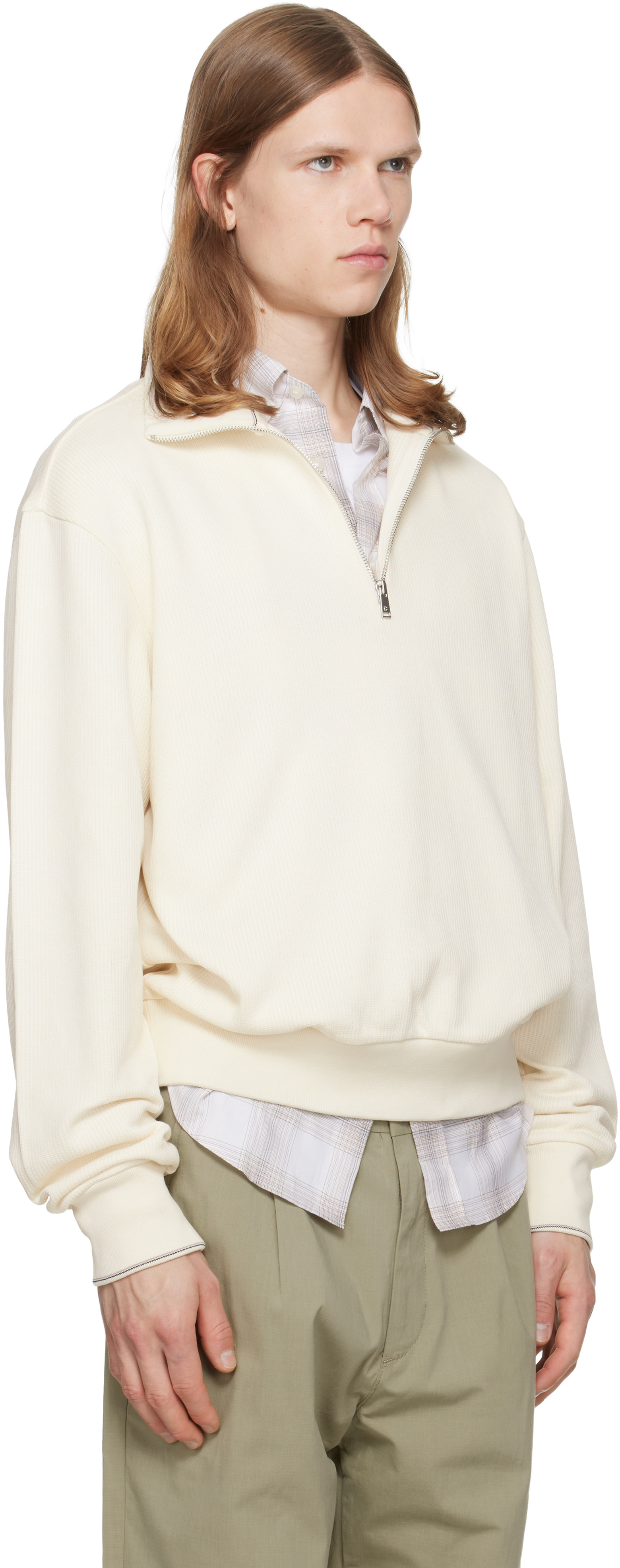 BOSS - Off-White Zipper Neck Structured Cotton Sweatshirt