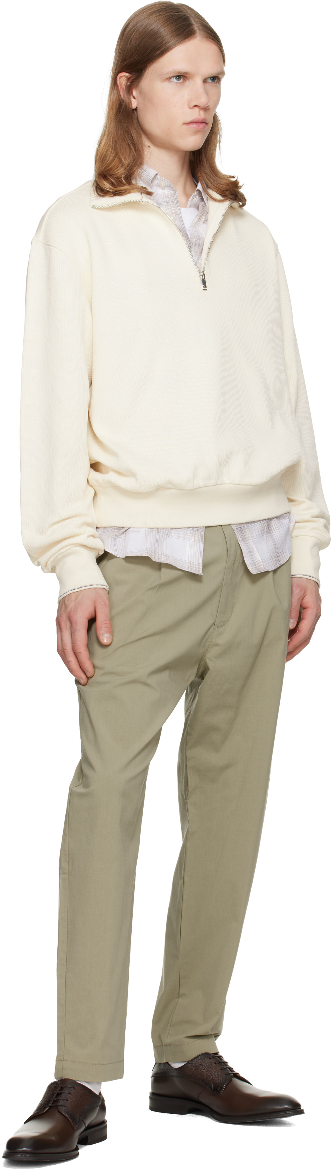 BOSS - Off-White Zipper Neck Structured Cotton Sweatshirt