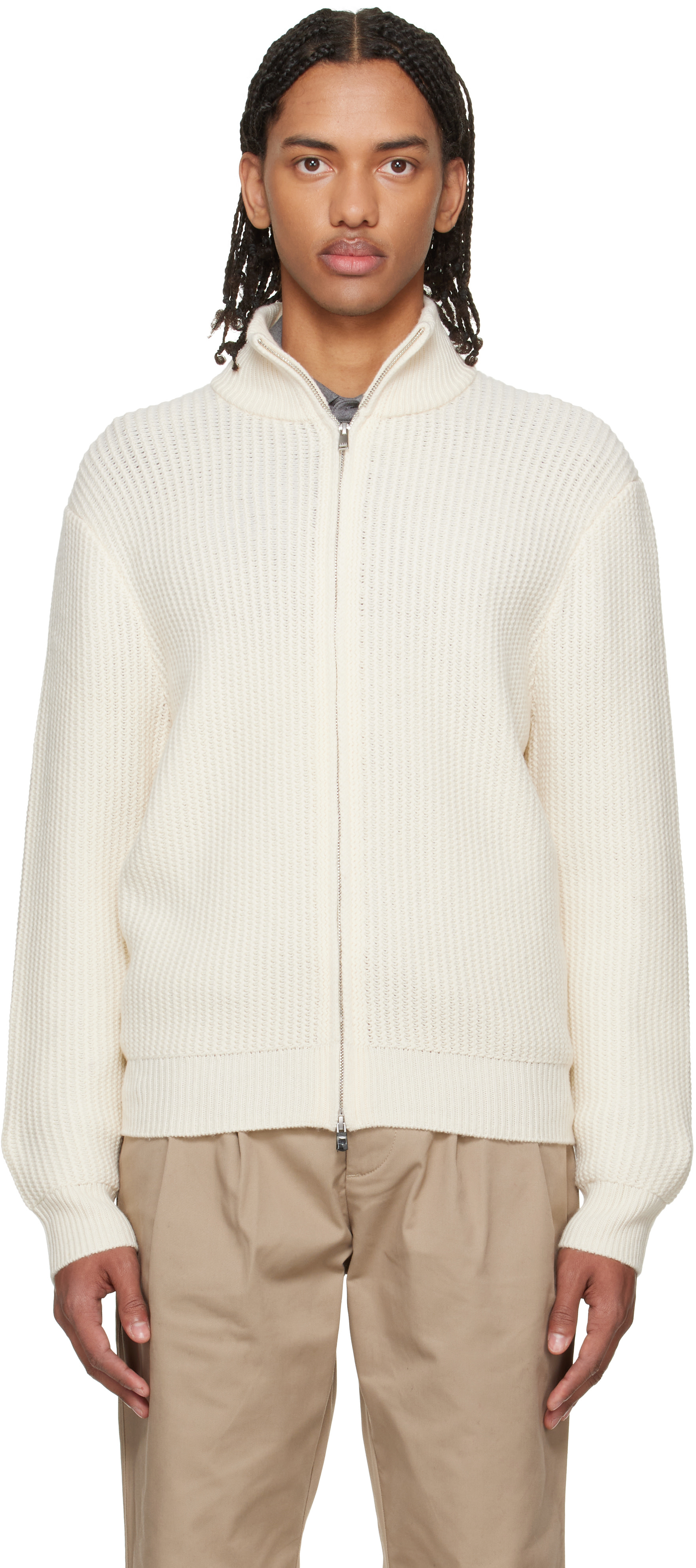 BOSS - 灰白色 Zip-Up Structured Wool Cashmere 毛衣