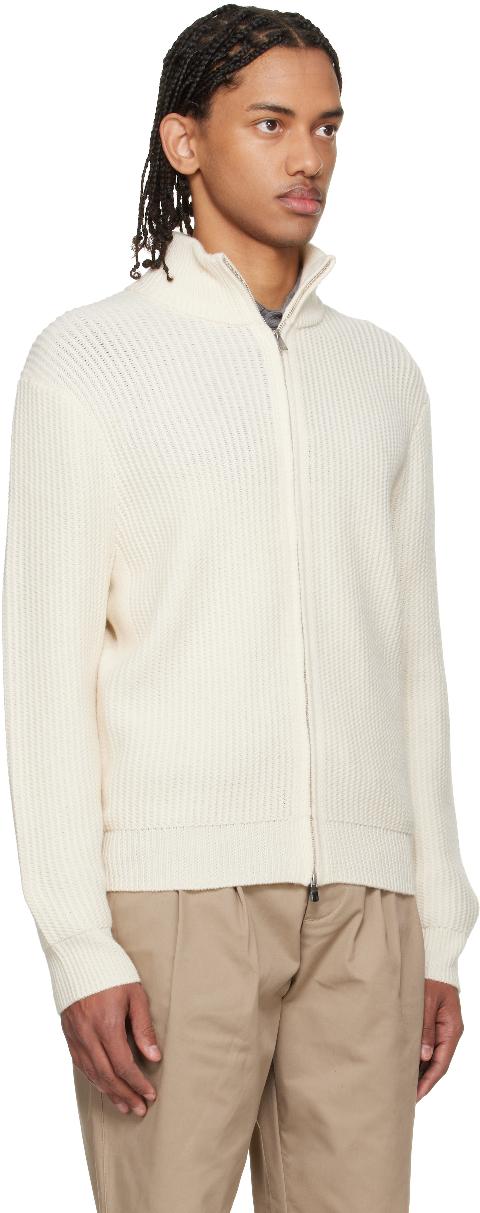 BOSS - 灰白色 Zip-Up Structured Wool Cashmere 毛衣