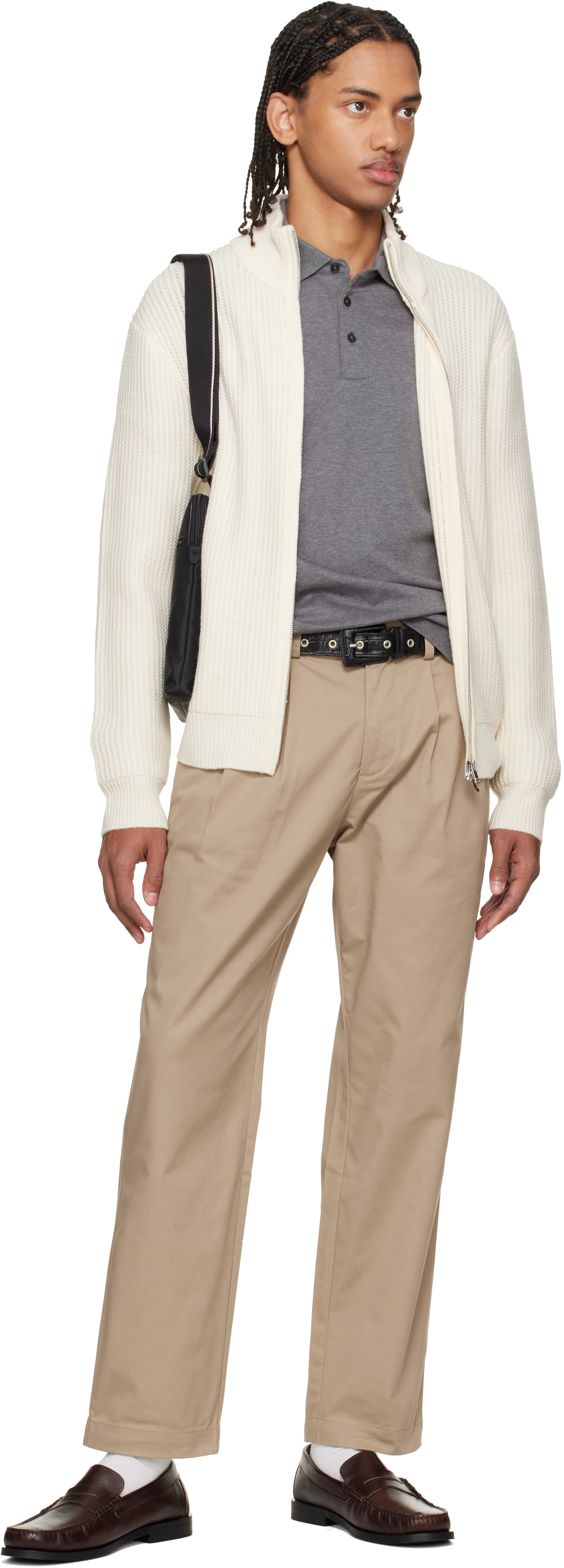 BOSS - 灰白色 Zip-Up Structured Wool Cashmere 毛衣