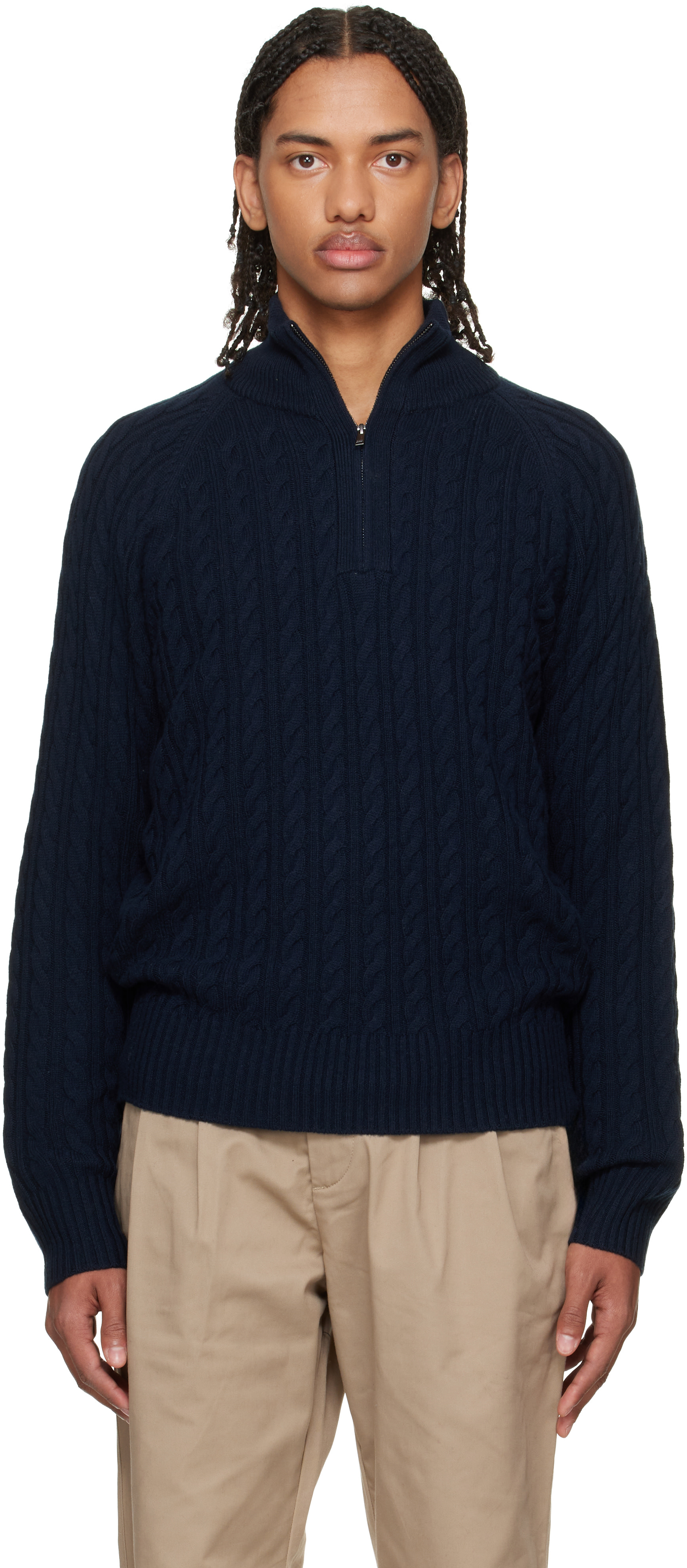 BOSS - Navy Zip-Neck All-Over Cable Pattern Sweater
