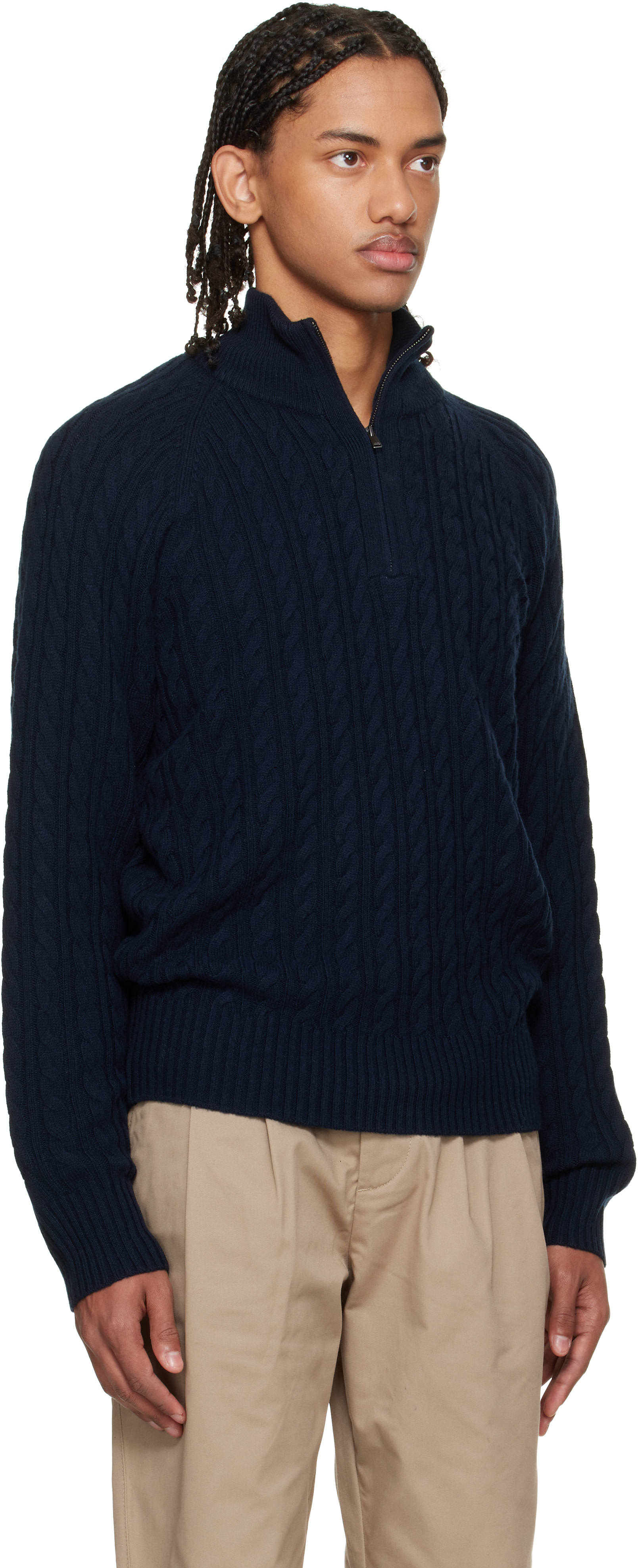 BOSS - Navy Zip-Neck All-Over Cable Pattern Sweater