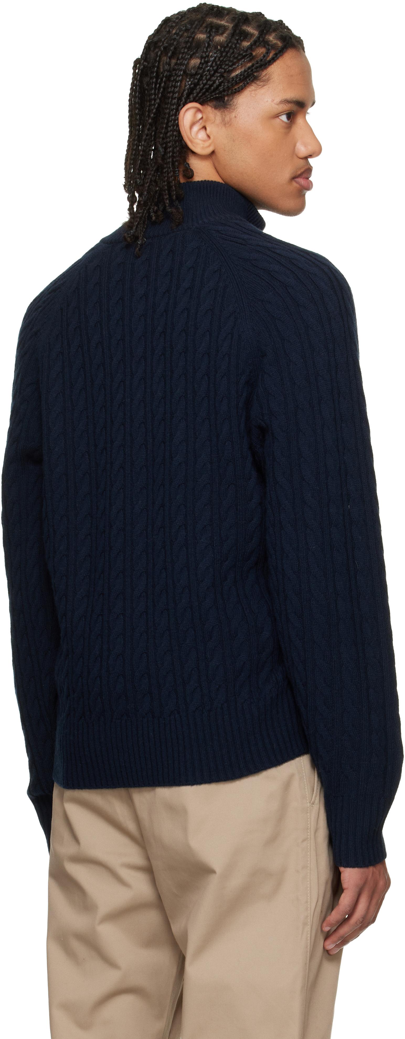 BOSS - Navy Zip-Neck All-Over Cable Pattern Sweater