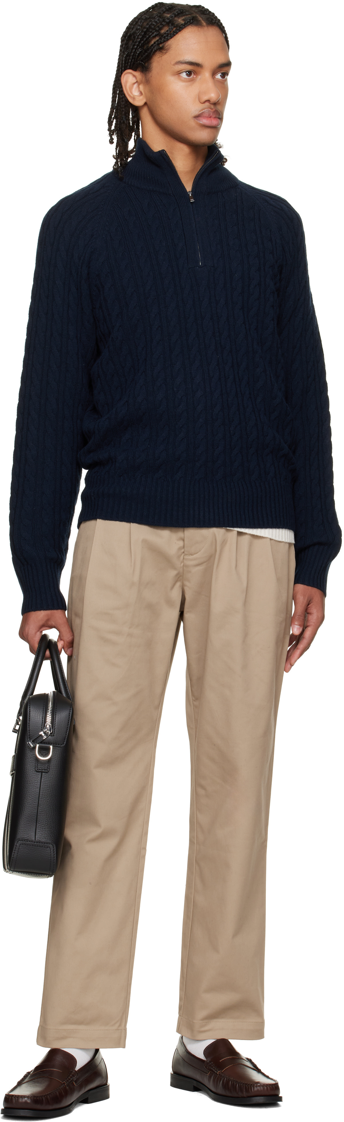 BOSS - Navy Zip-Neck All-Over Cable Pattern Sweater