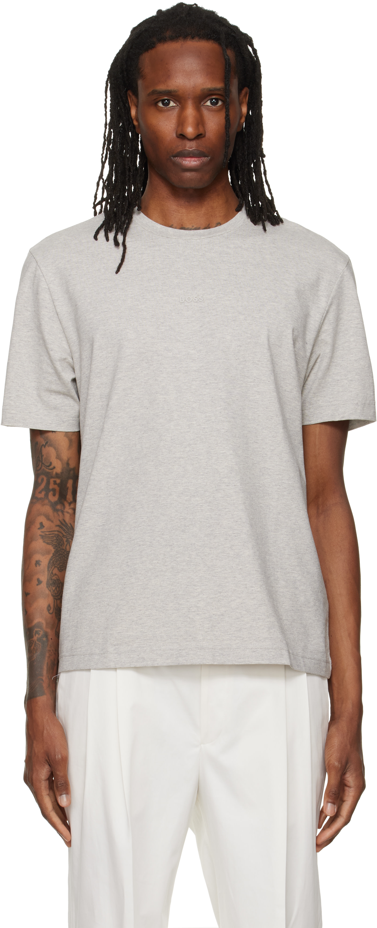 HUGO BOSS ロゴ入り グレー／ライトグレー BOSS: グレー リラックスフィット レイヤード ロゴプリント Tシャツ