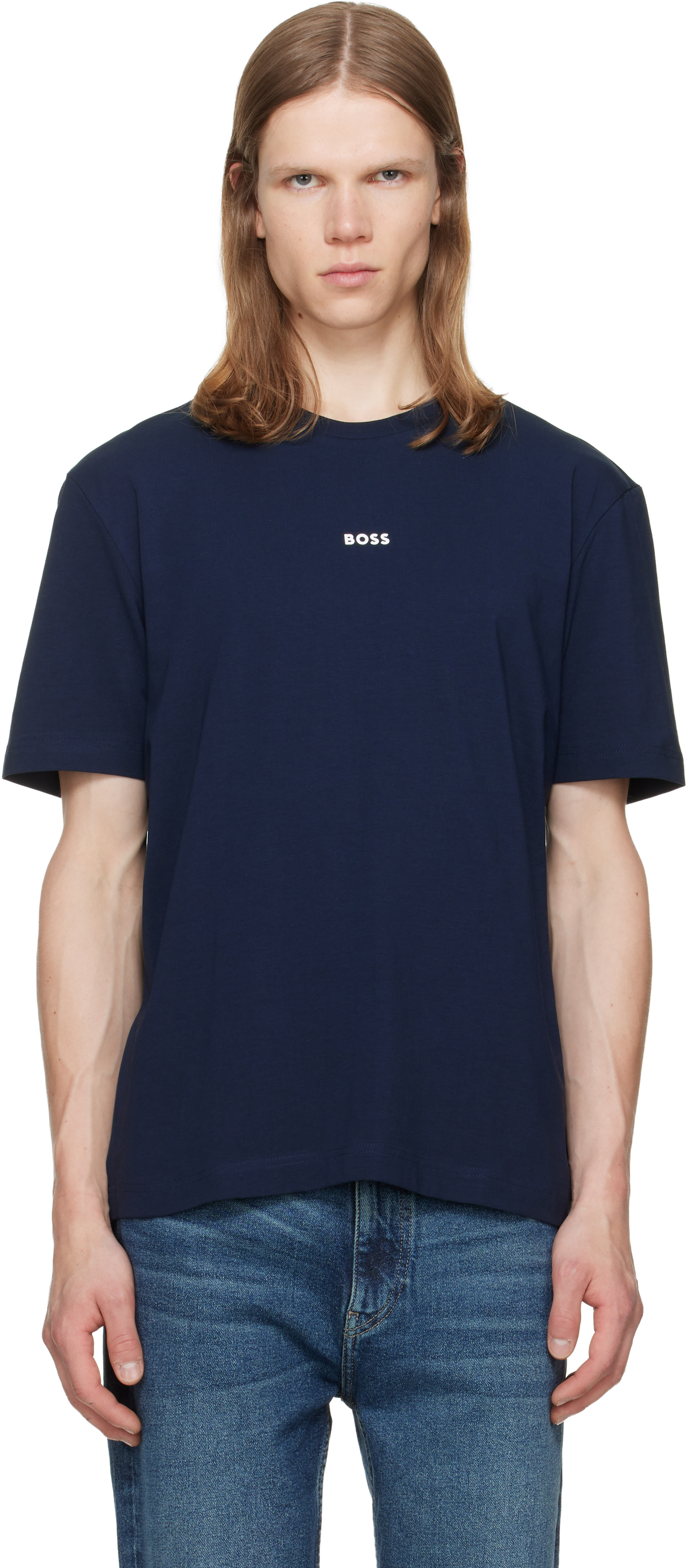 BOSS - Navy Stretch-Cotton Contrast Logo T-shirt