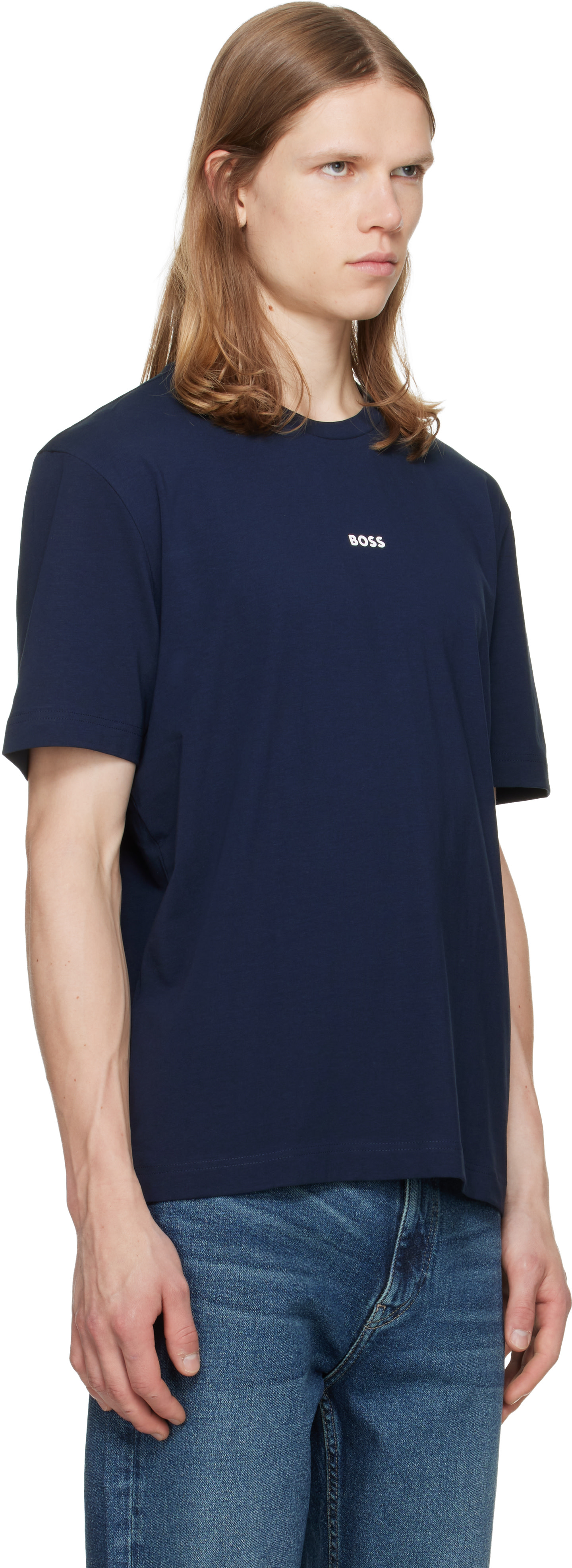 BOSS - Navy Stretch-Cotton Contrast Logo T-shirt