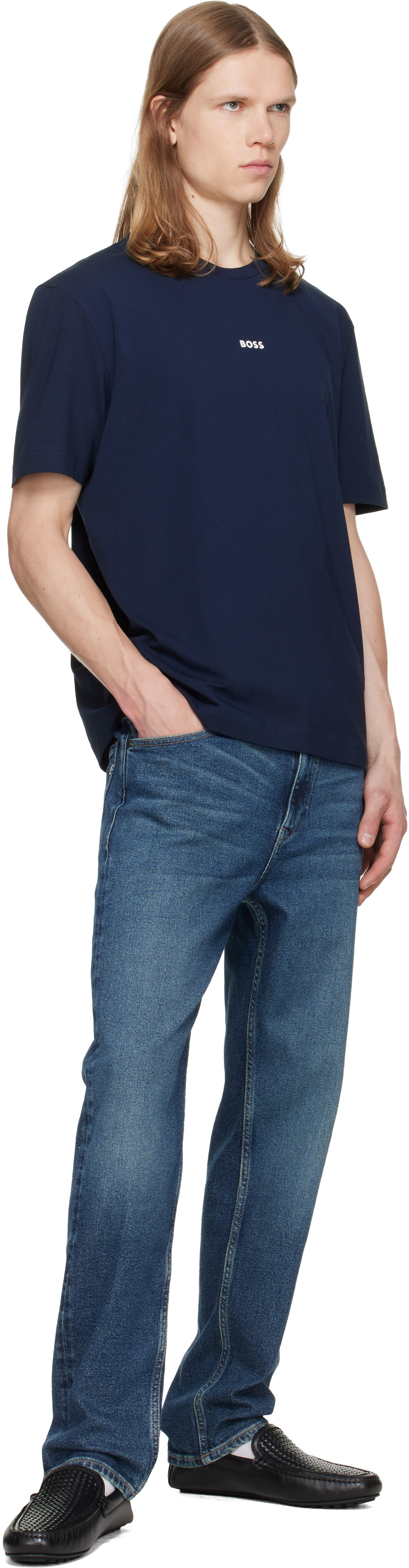 BOSS - Navy Stretch-Cotton Contrast Logo T-shirt