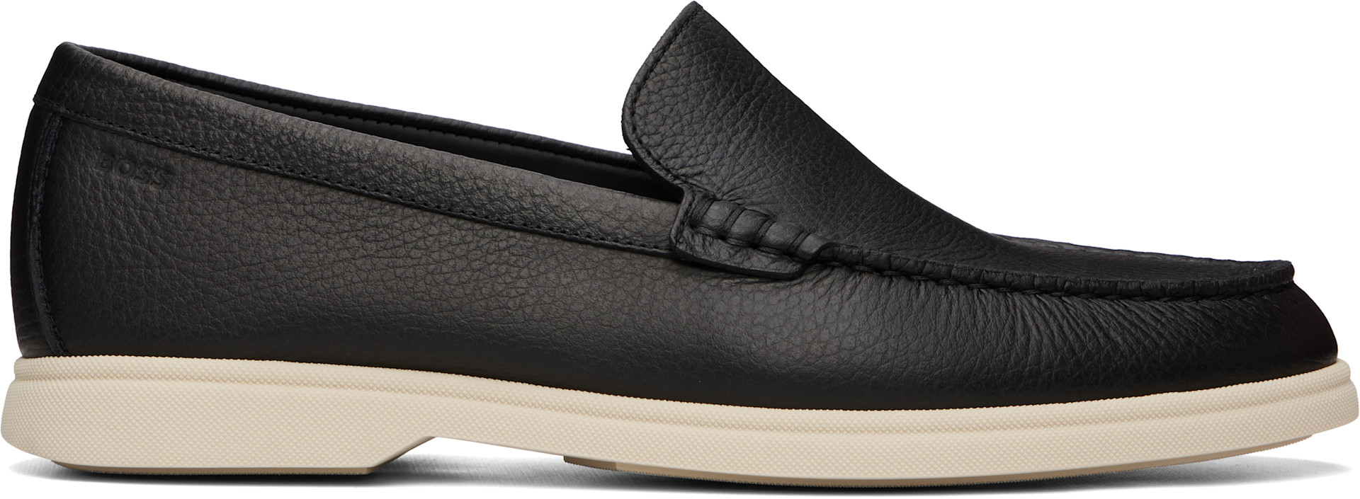 BOSS: ブラック Tumbled-Leather Logo Detail ローファー | SSENSE 日本