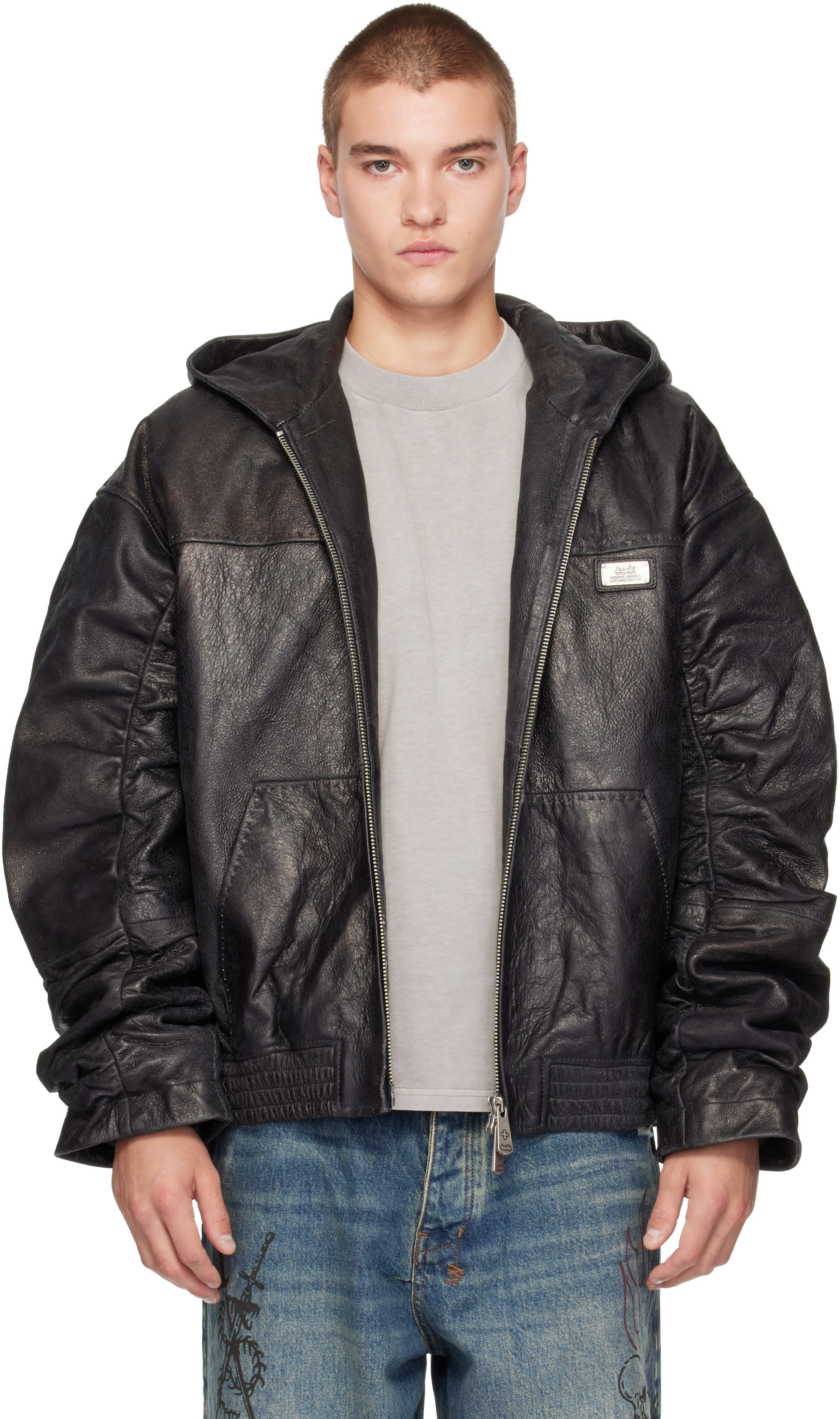Ksubi - Black Slouchy Leather Bomber Jacket