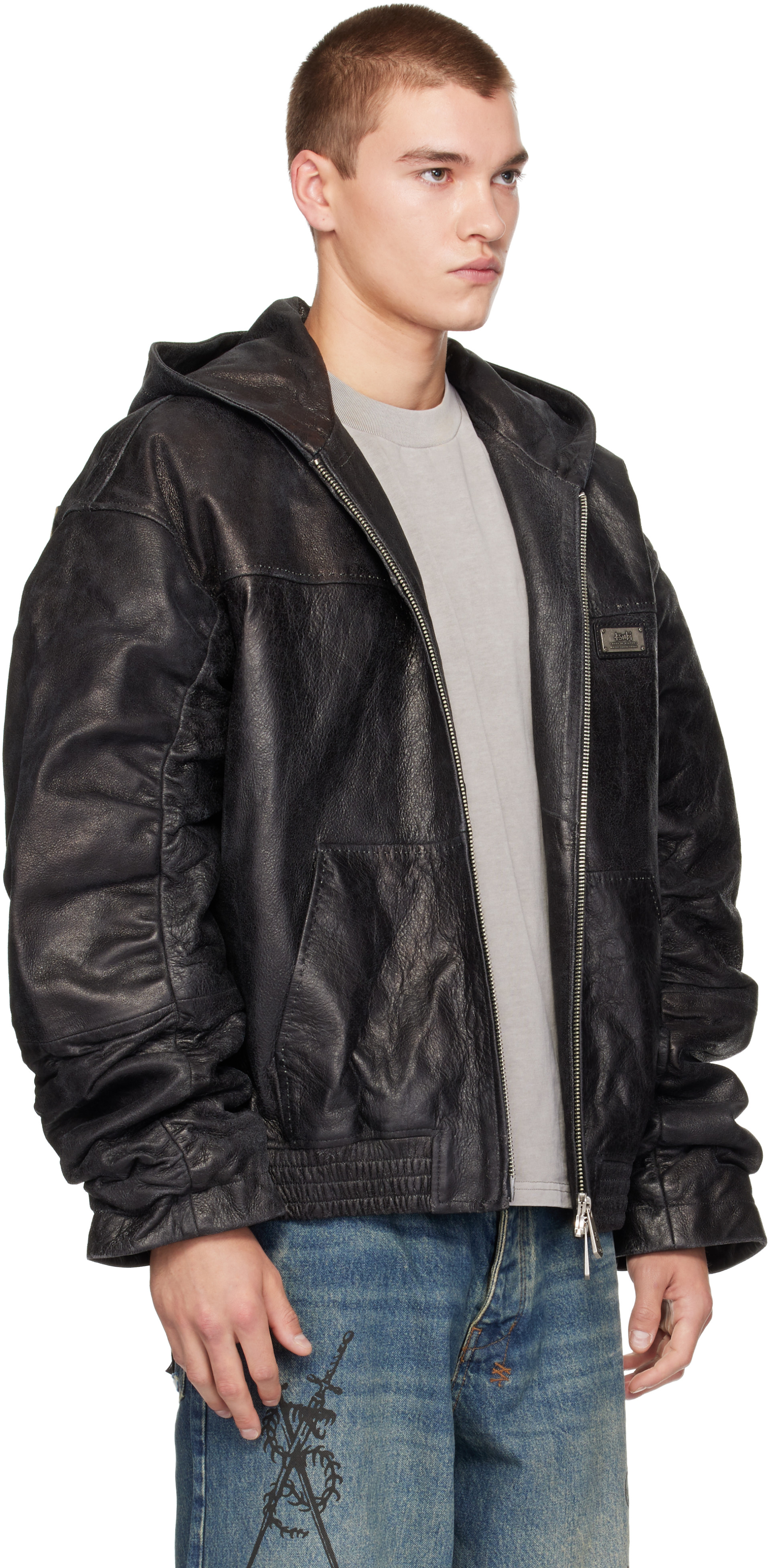 Ksubi - Black Slouchy Leather Bomber Jacket