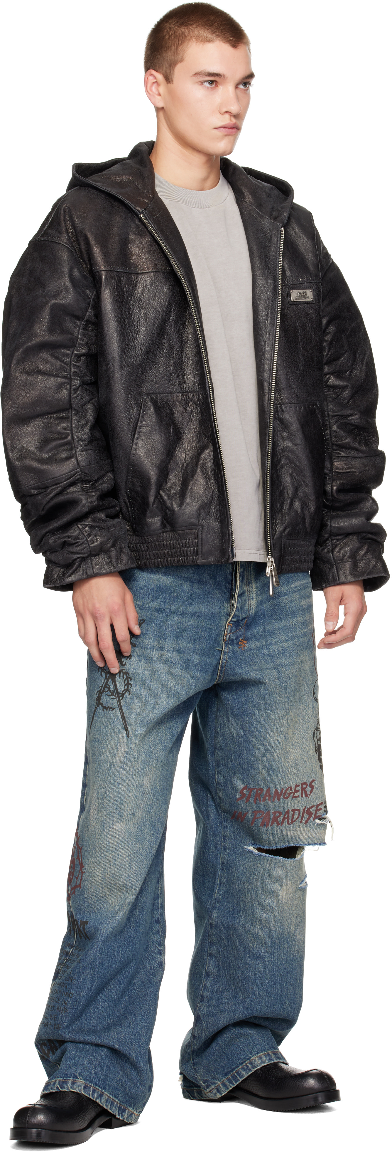 Ksubi - Black Slouchy Leather Bomber Jacket