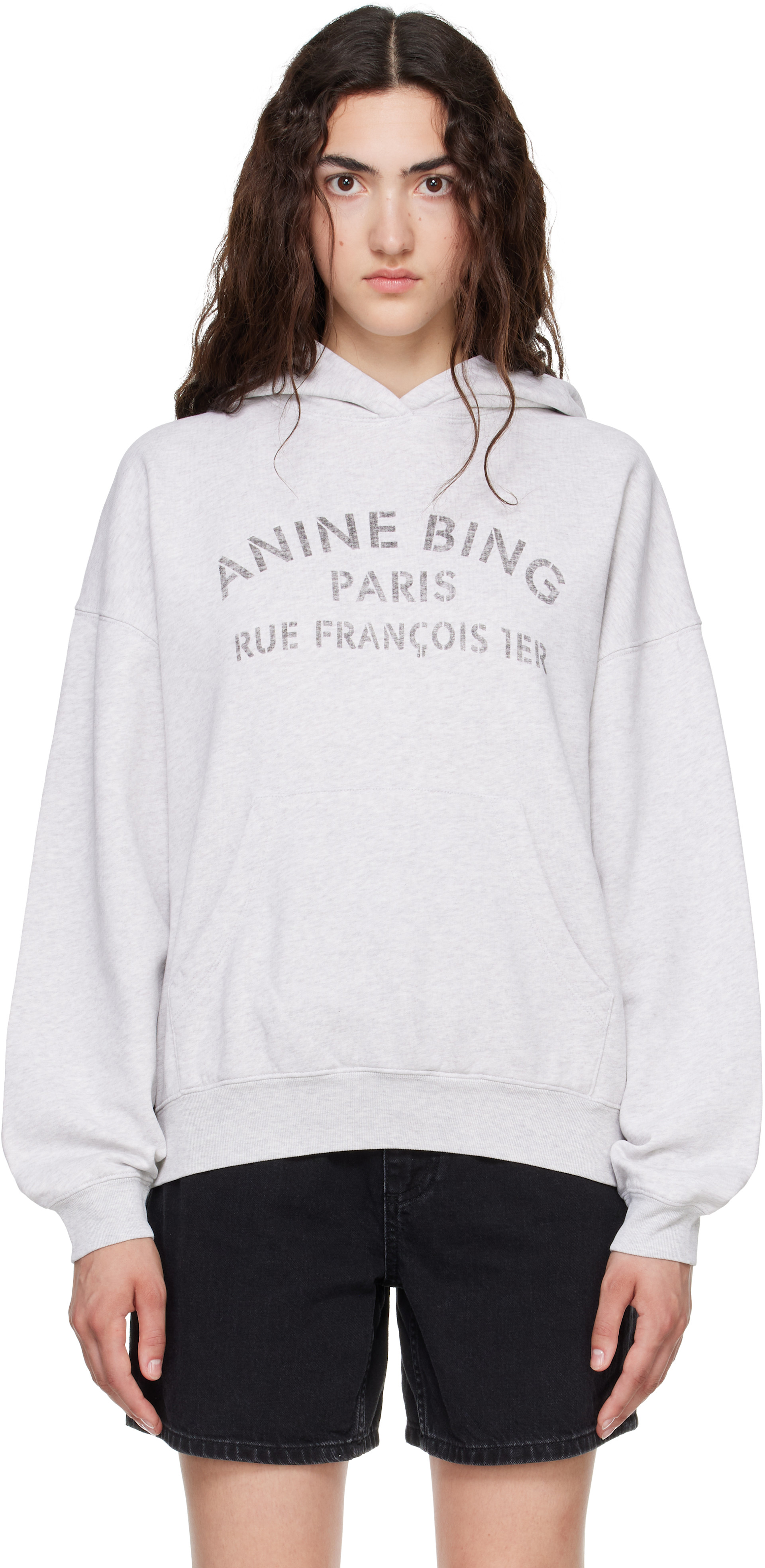 ANINE BING - Pull à capuche Harvey Paris gris à logo