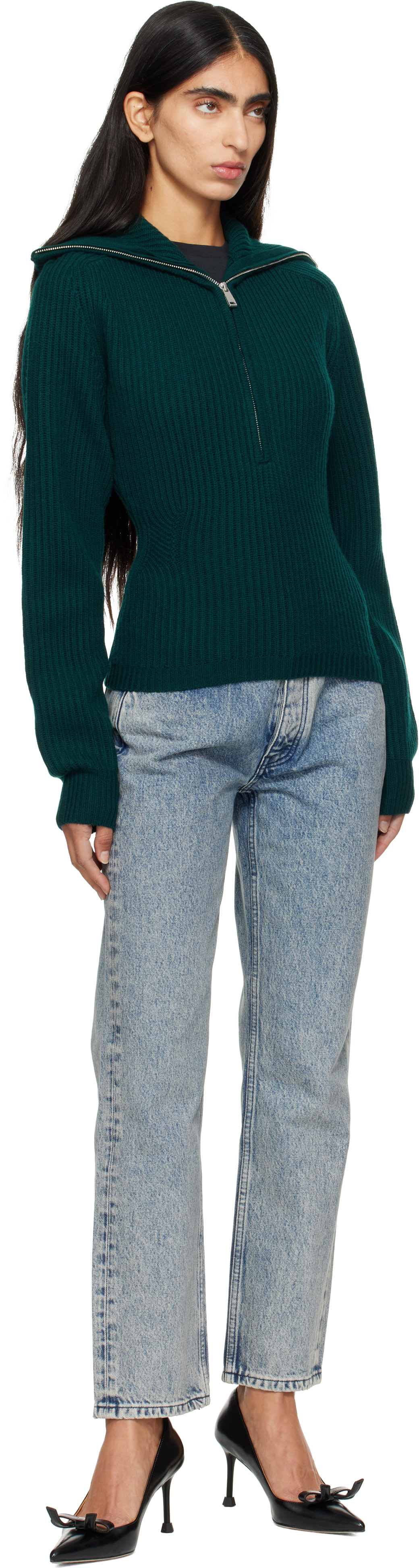 ANINE BING - Pull June vert à col droit