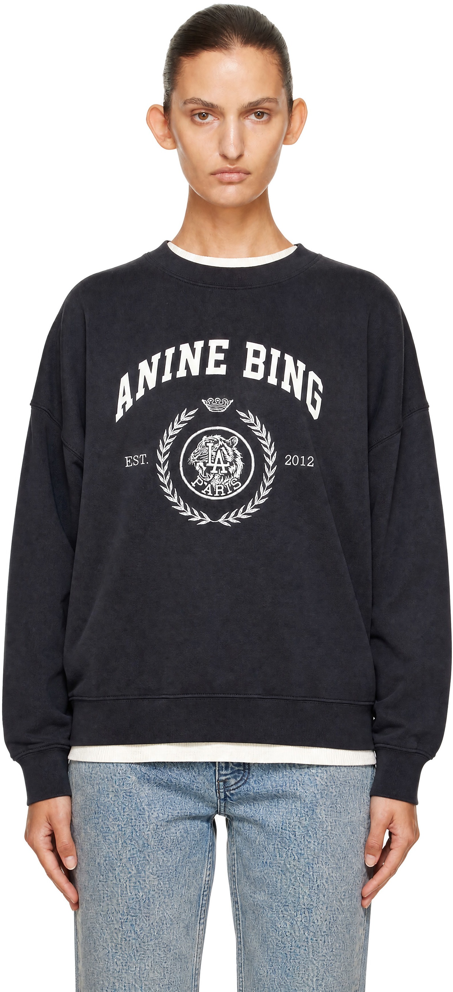 ANINE BING - Pull molletonné Miles noir à logo de style collégial