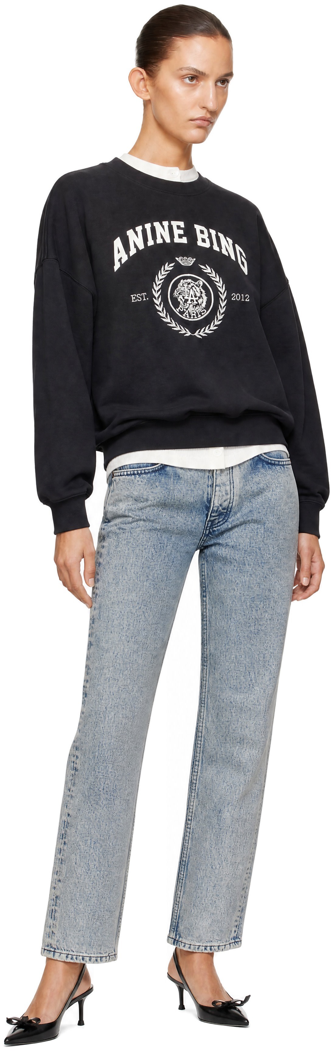 ANINE BING - Pull molletonné Miles noir à logo de style collégial