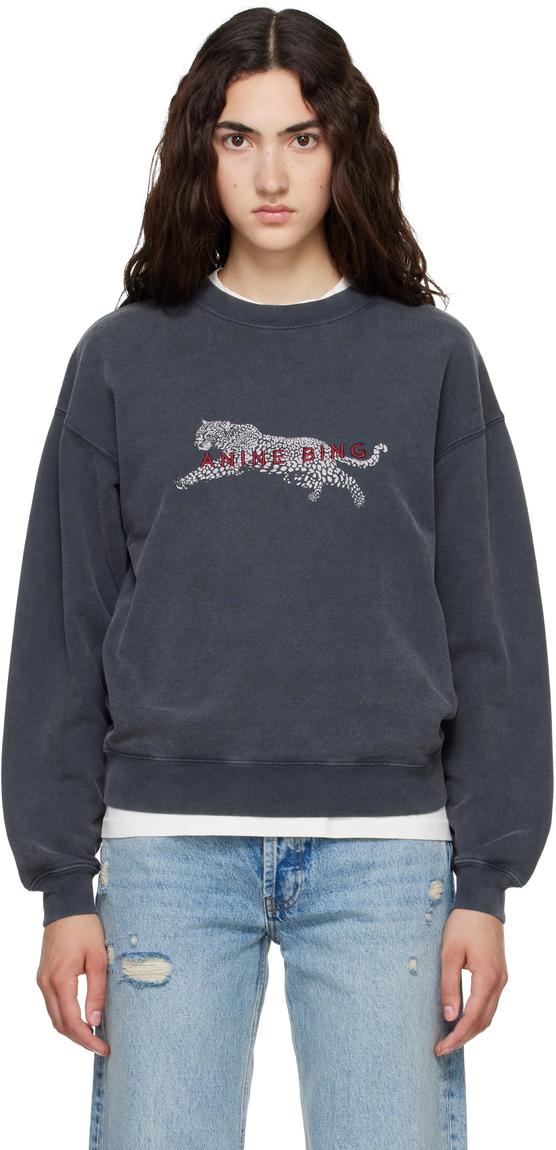 ANINE BING - Pull molletonné Spencer gris à image de léopard