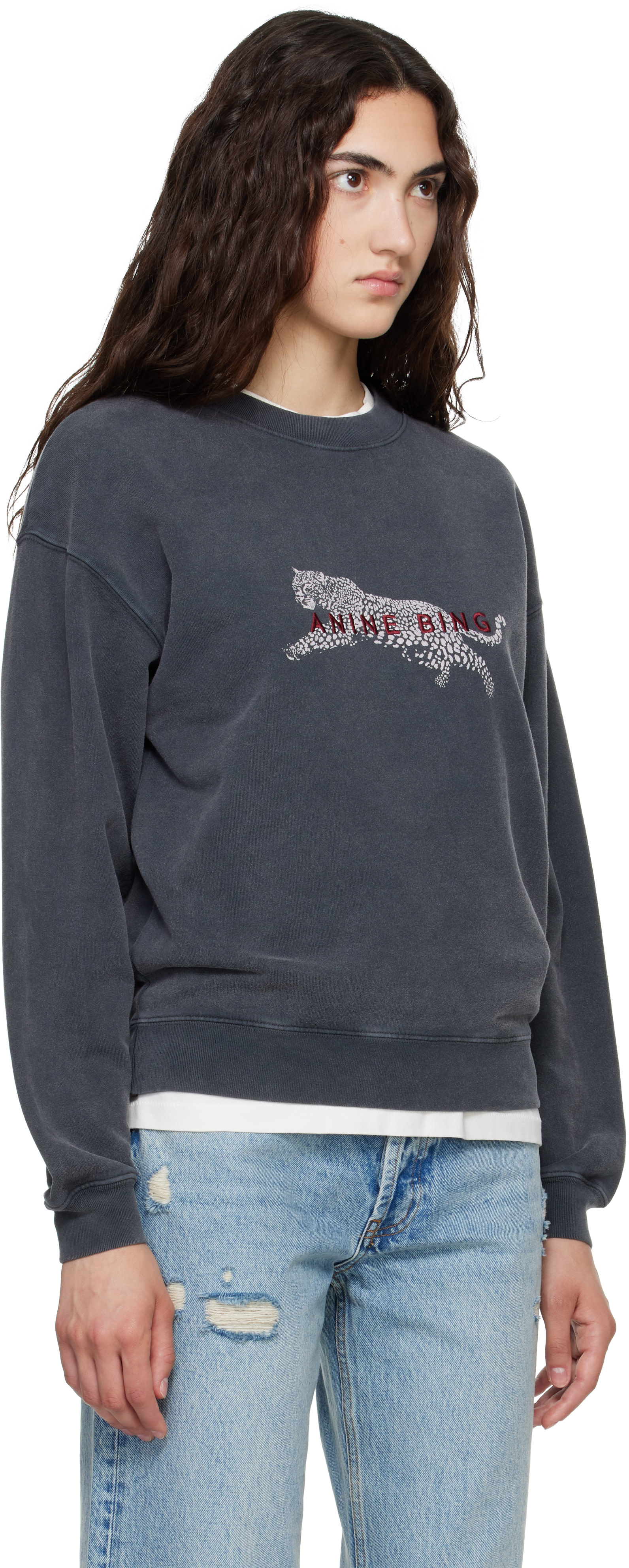 ANINE BING - Pull molletonné Spencer gris à image de léopard