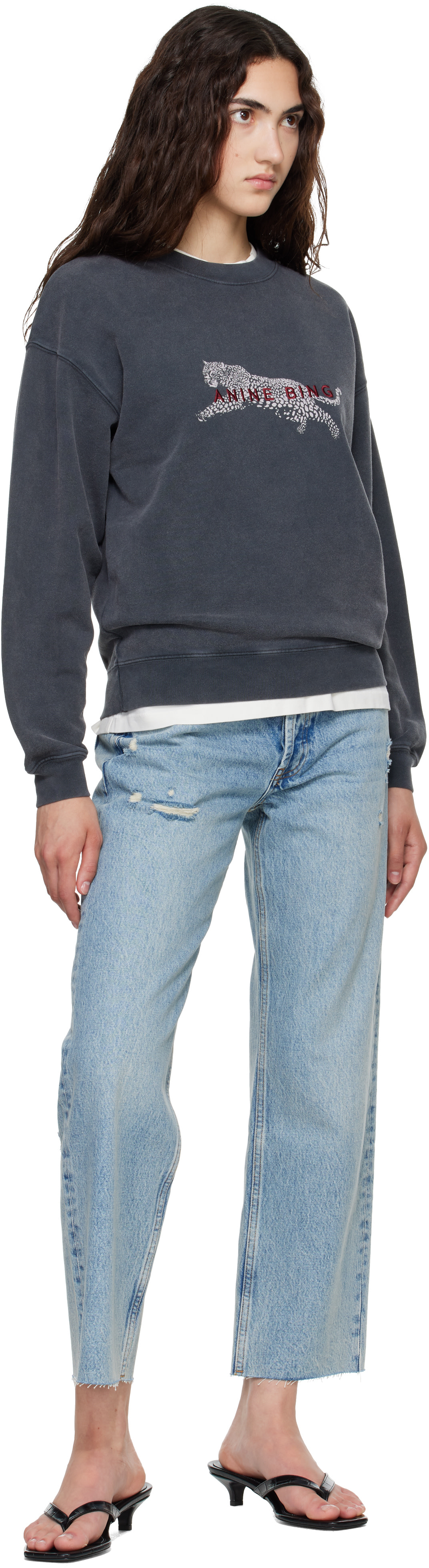 ANINE BING - Pull molletonné Spencer gris à image de léopard
