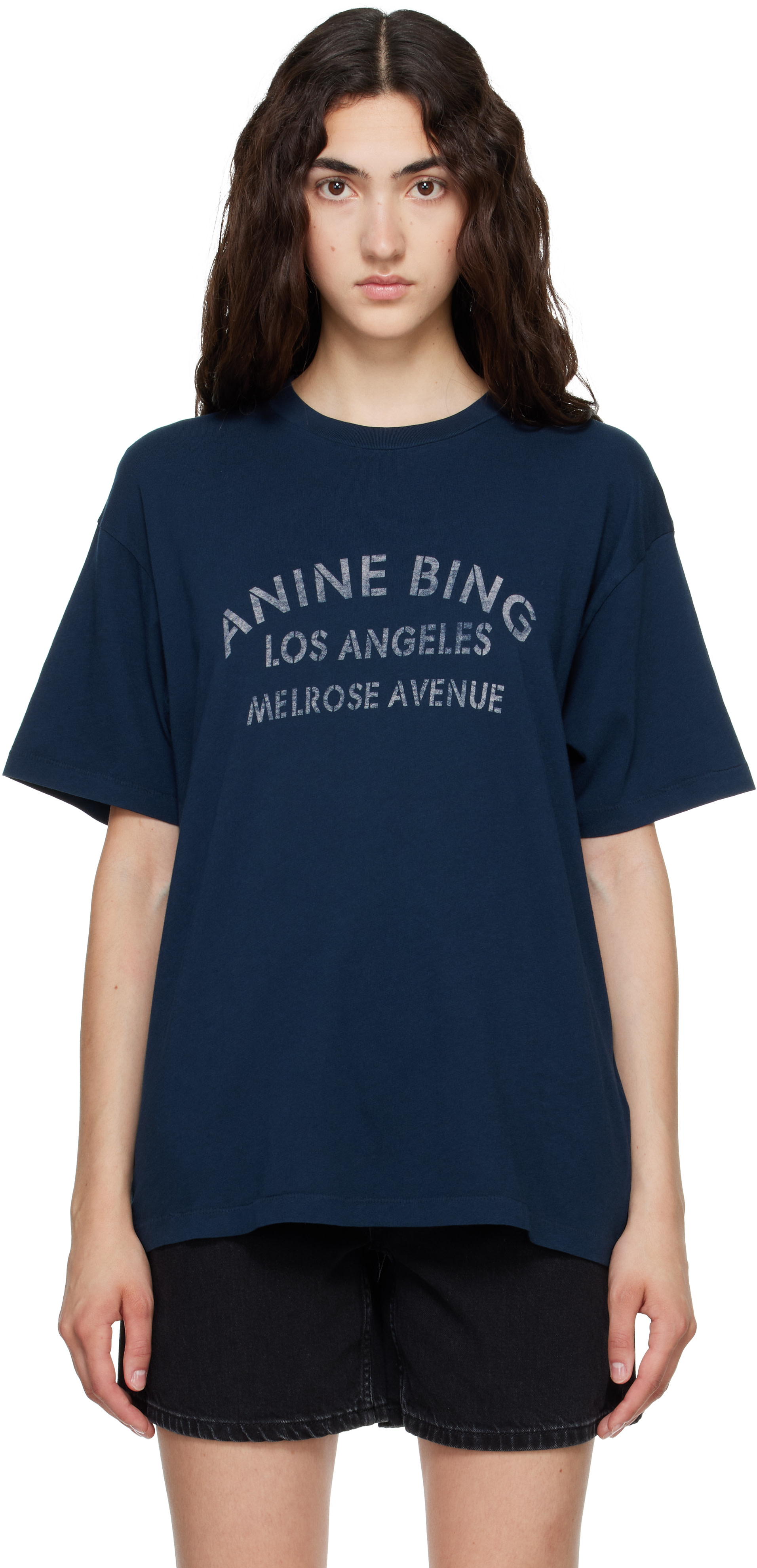 ANINE BING: Navy Cade 'Melrose' Stencil T-shirt | SSENSE
