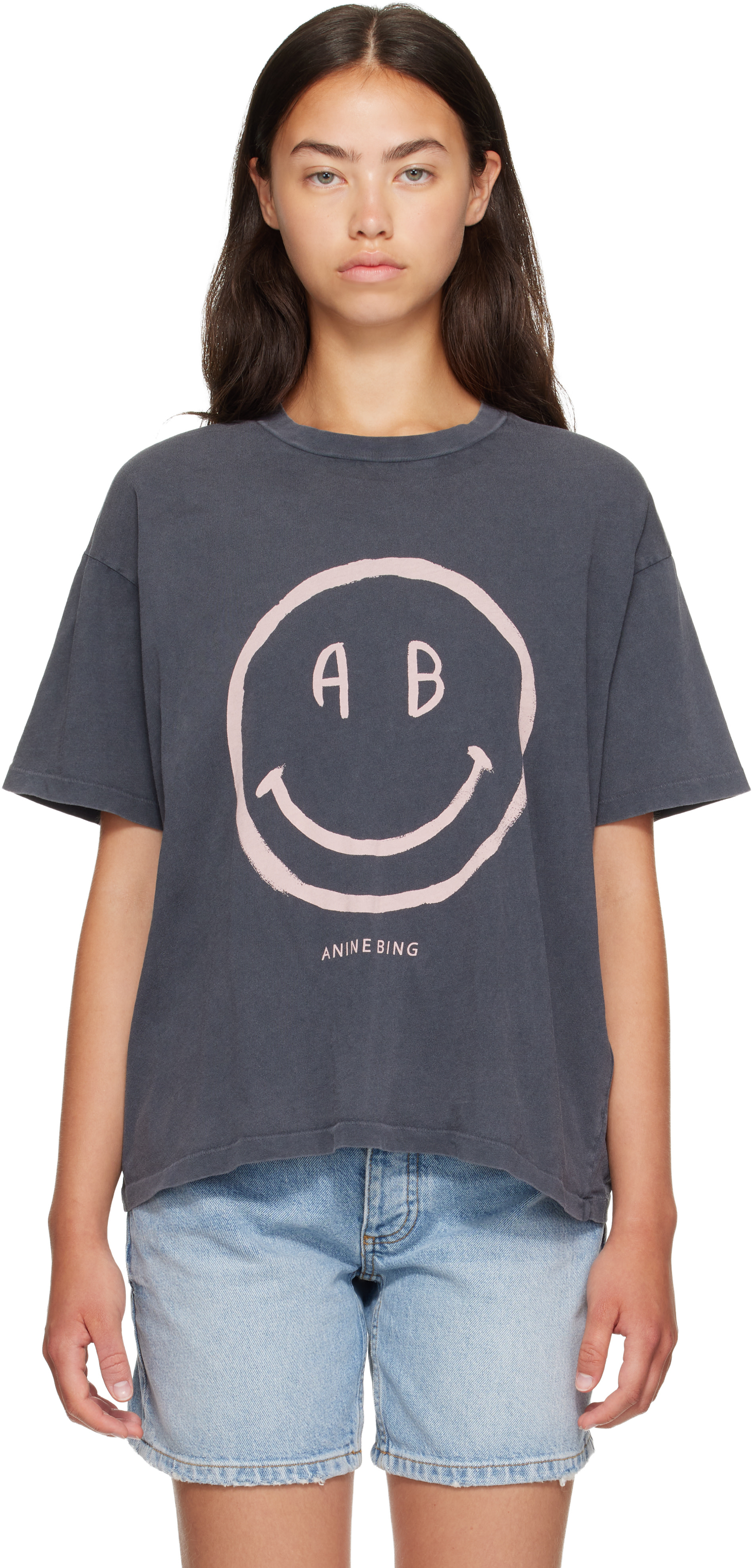 ANINE BING: グレー Cade Smiley Tシャツ | SSENSE 日本