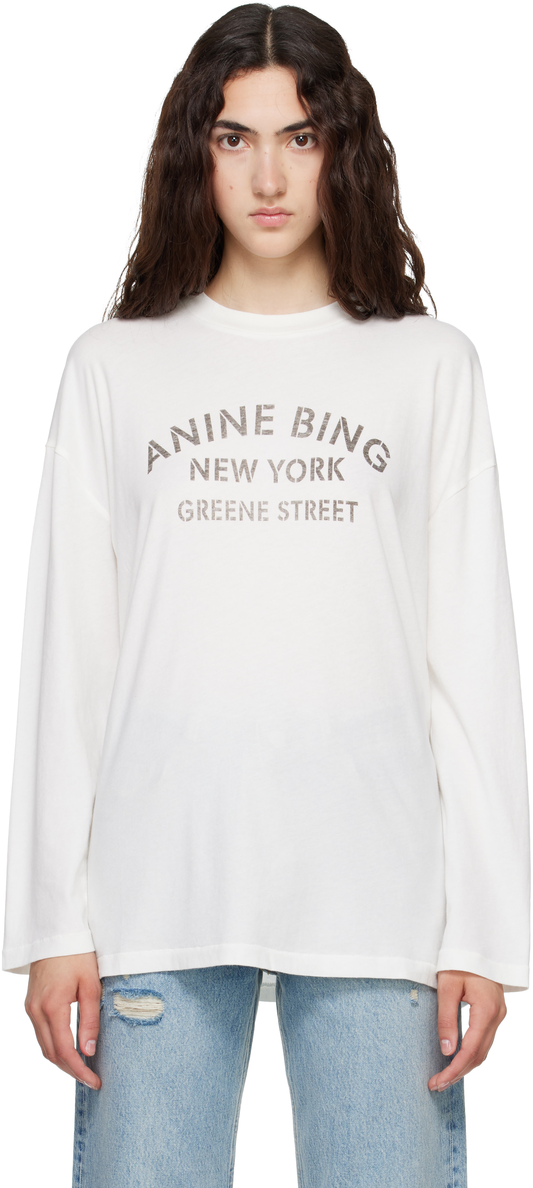アニベンスページ ANINE BING: ホワイト Ivan 'New York' Stencil 長袖Tシャツ | SSENSE 日本
