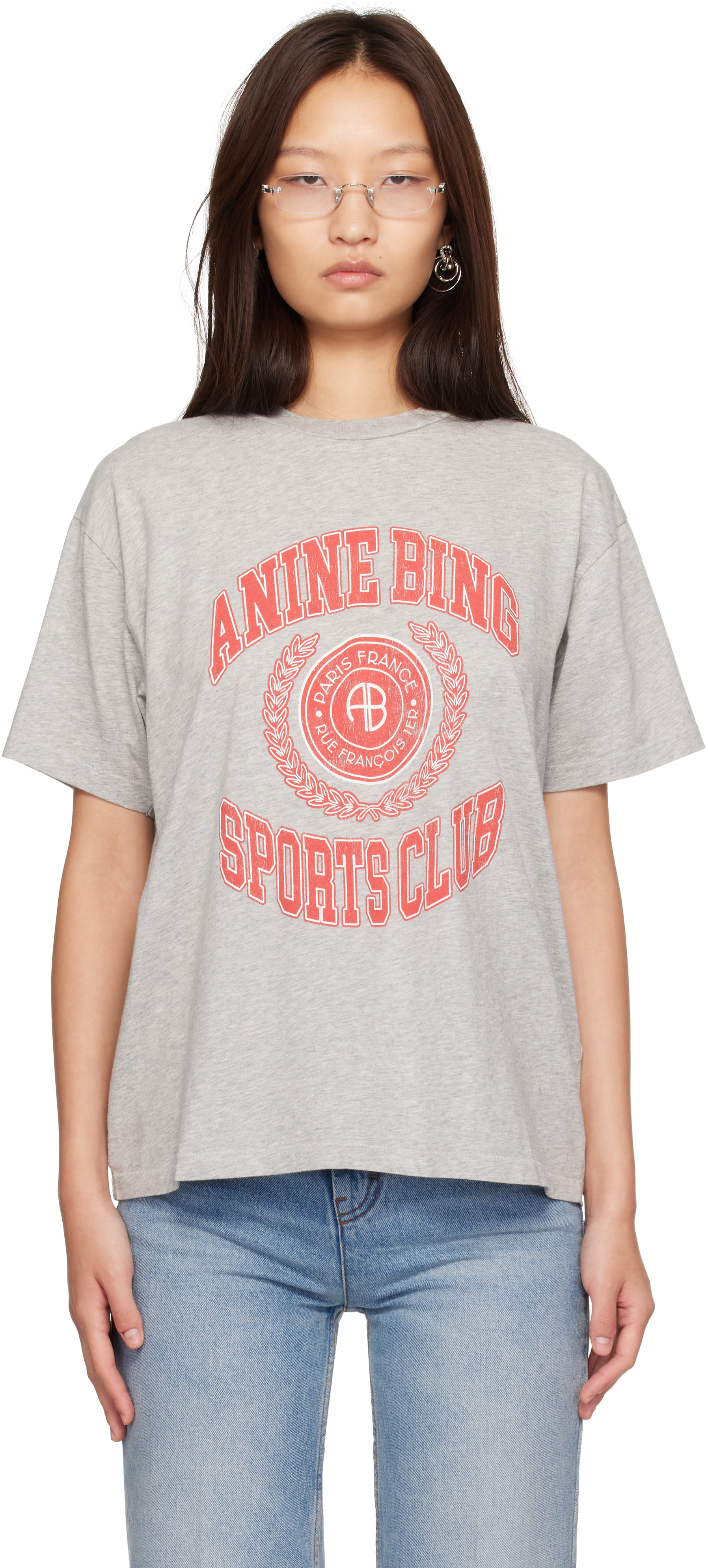 ANINE BING: Gray Cade Collegiate T-shirt | SSENSE