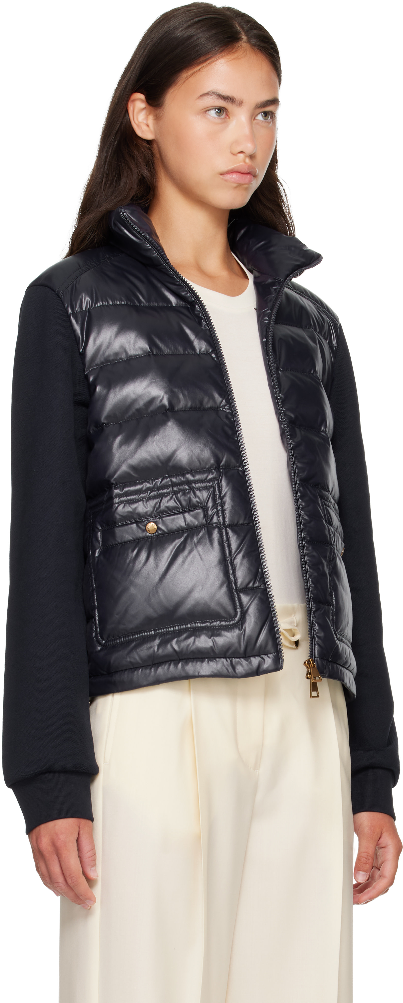 Moncler: Navy Zip Up Cotton Fleece Down Cardigan | SSENSE