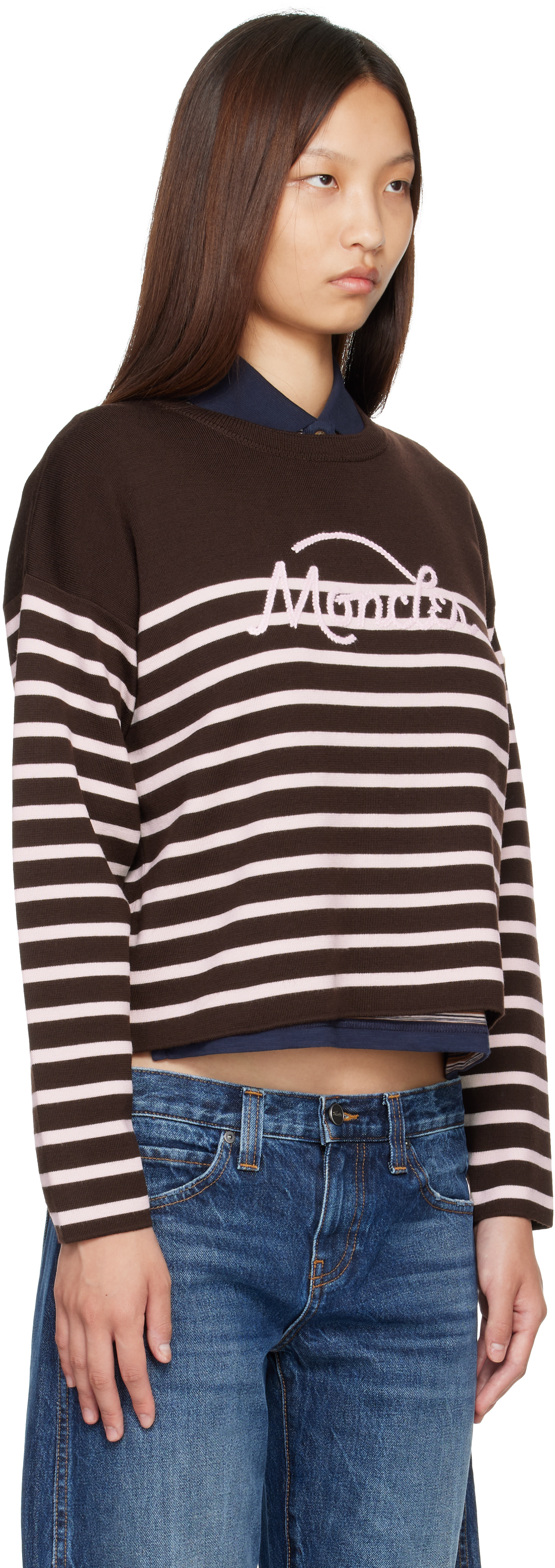 Moncler - Pull brun en laine à rayures