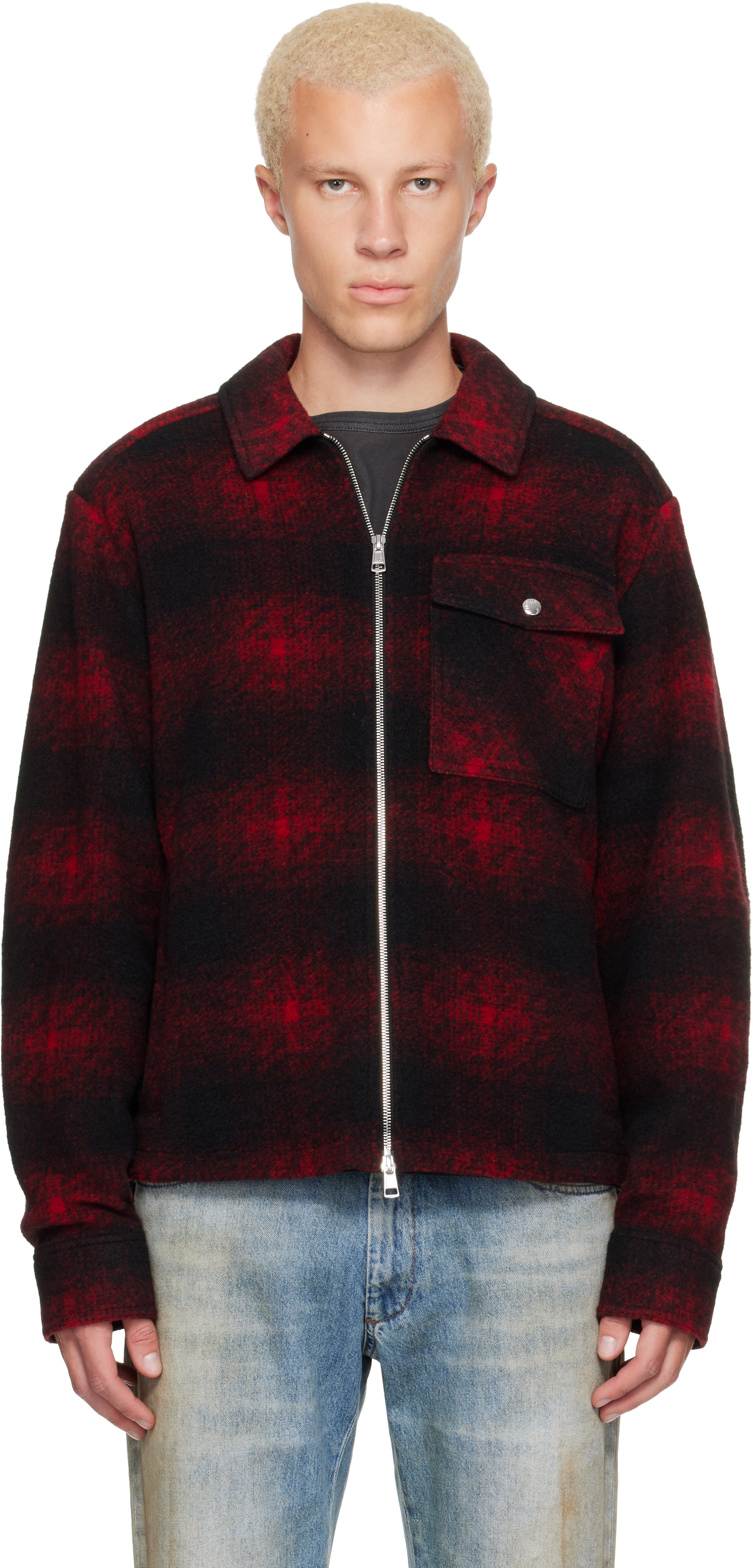 Moncler: Red Check Jersey Zip-Up Shirt | SSENSE