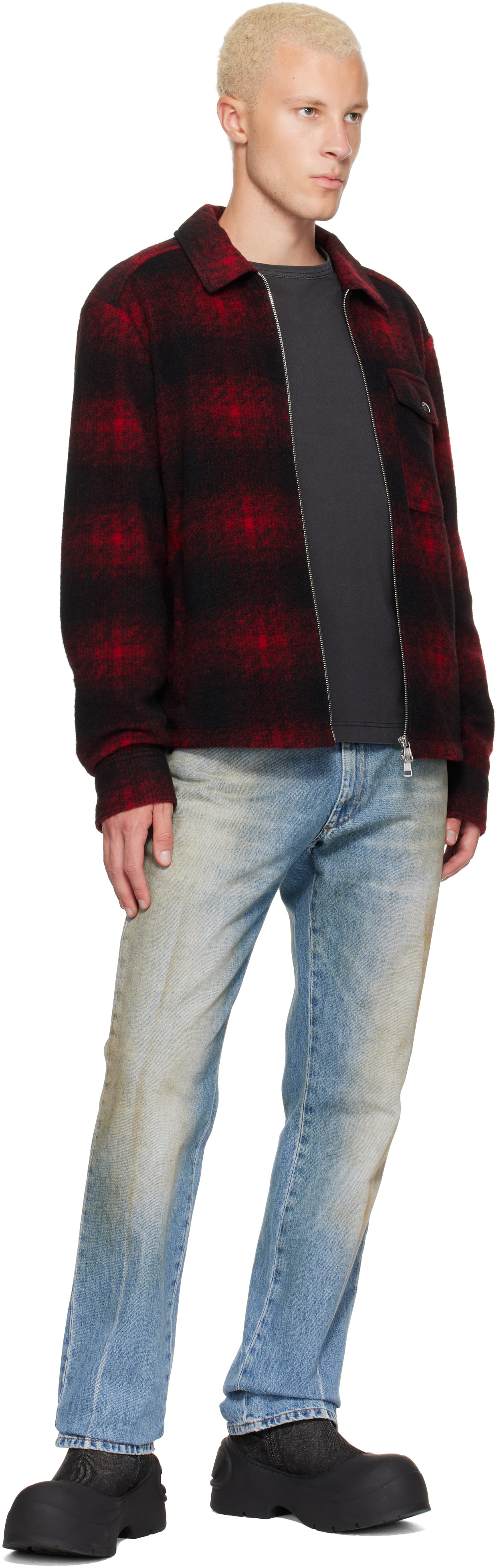 Moncler: Red Check Jersey Zip-Up Shirt | SSENSE