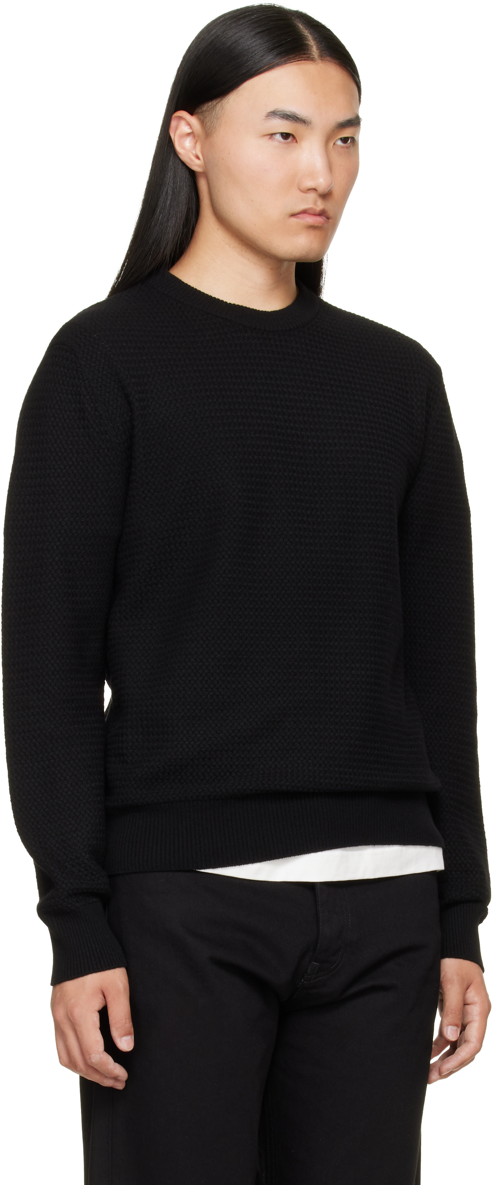 美品☆MONCLER ブラック クルーネック セーター Moncler: ブラック テクスチャード カシミヤ＆ウール セーター