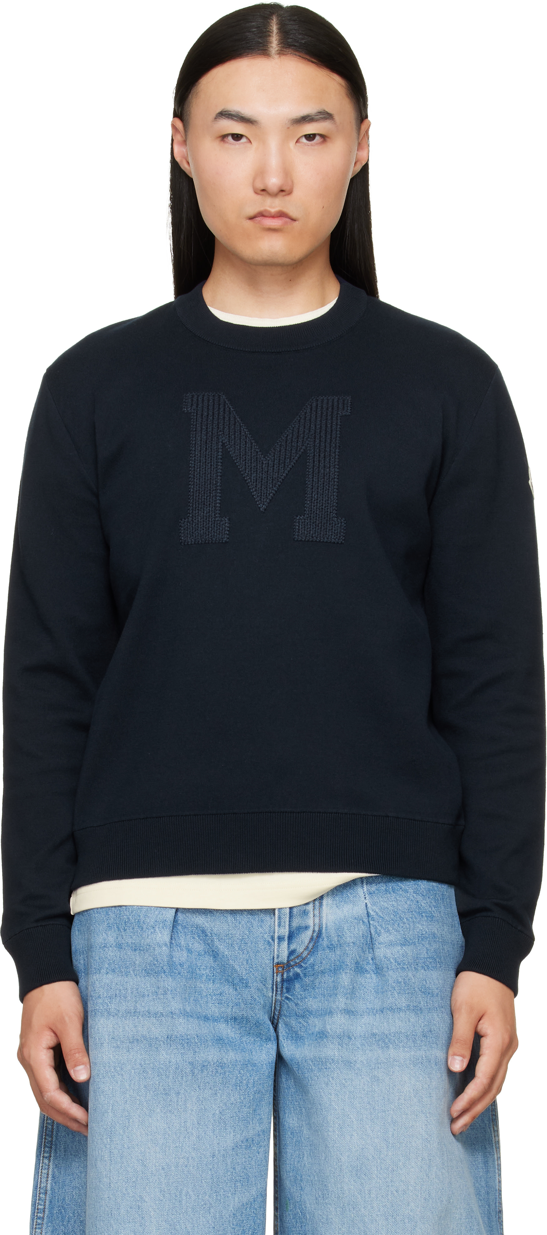 Moncler - Pull bleu marine en coton mélangé à monogramme