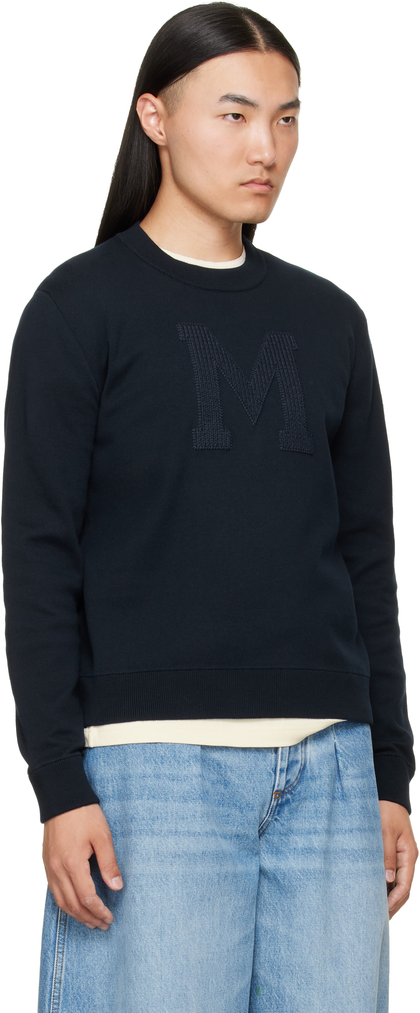 Moncler - Pull bleu marine en coton mélangé à monogramme