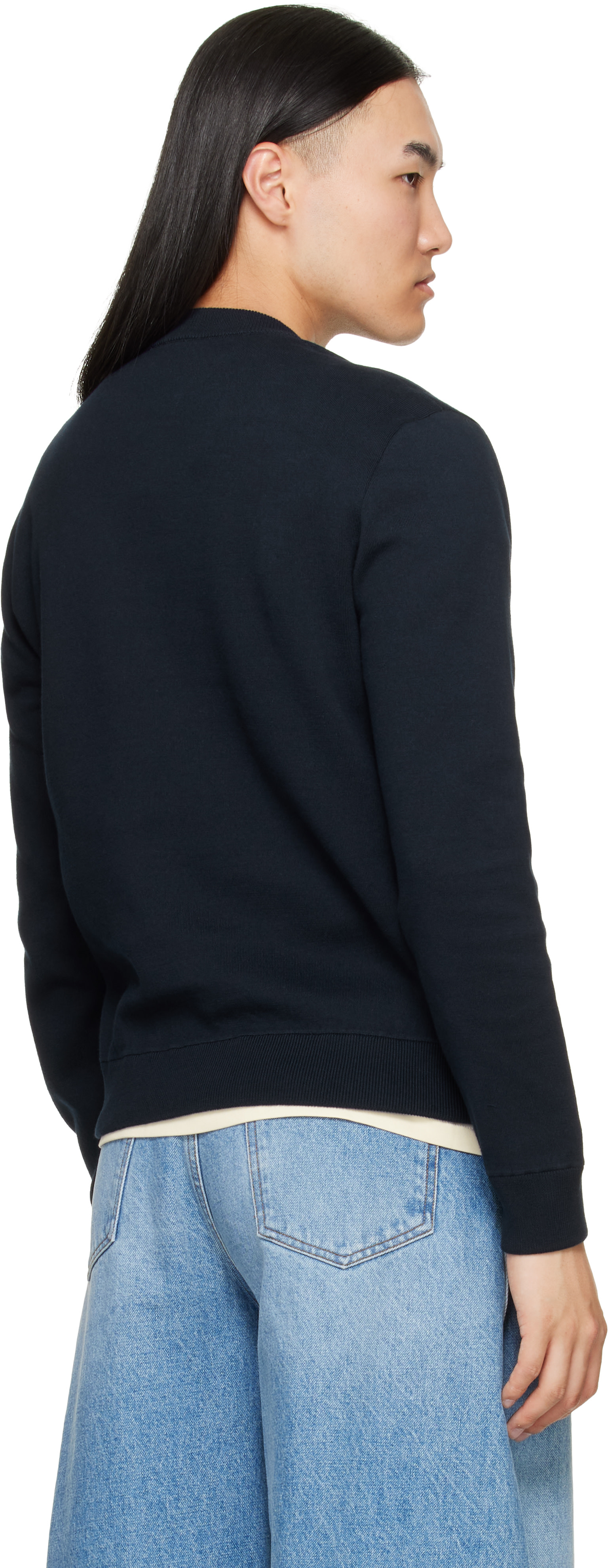 Moncler - Pull bleu marine en coton mélangé à monogramme